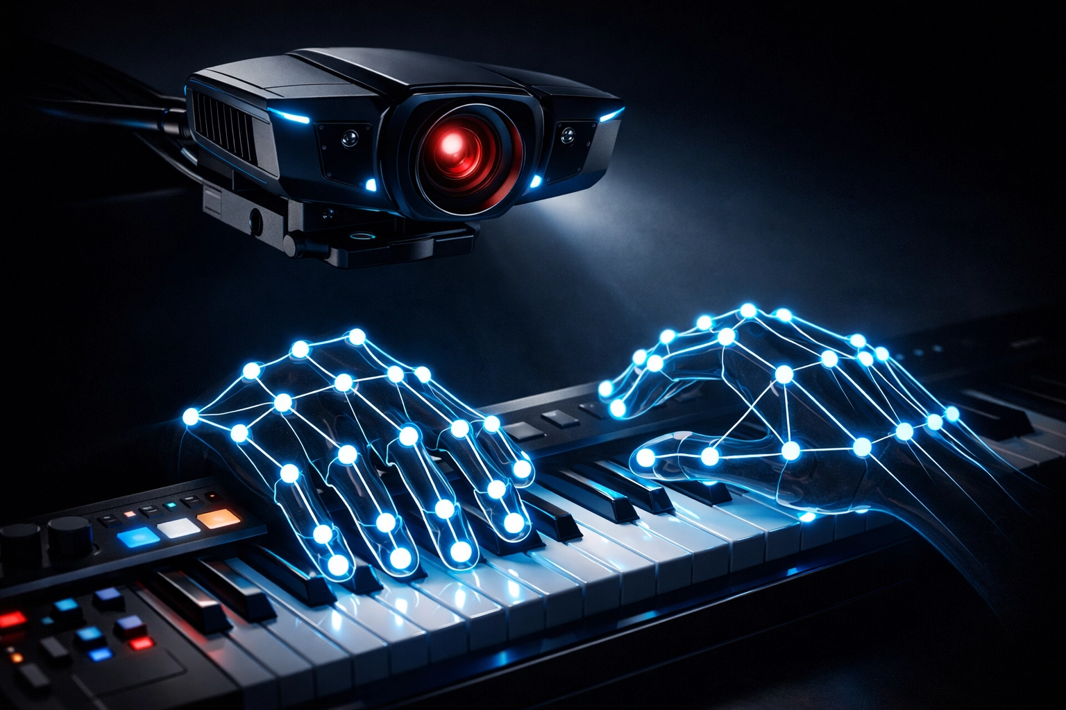 ROLI Airwave infrared camera tracking hand movements over MIDI keyboard with joint position mapping