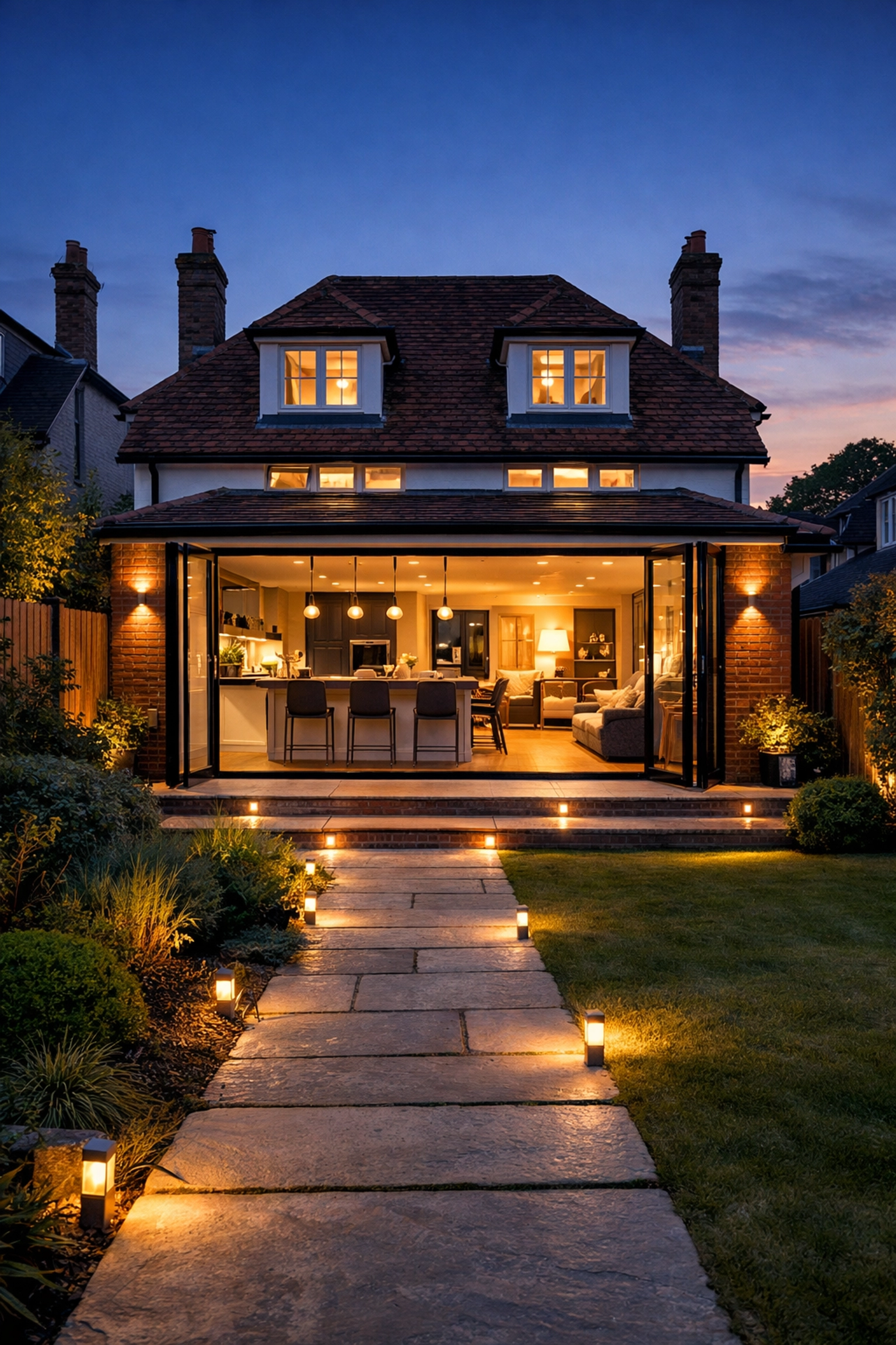 Modern Dorset home at dusk featuring professional LED garden path and interior accent lighting.