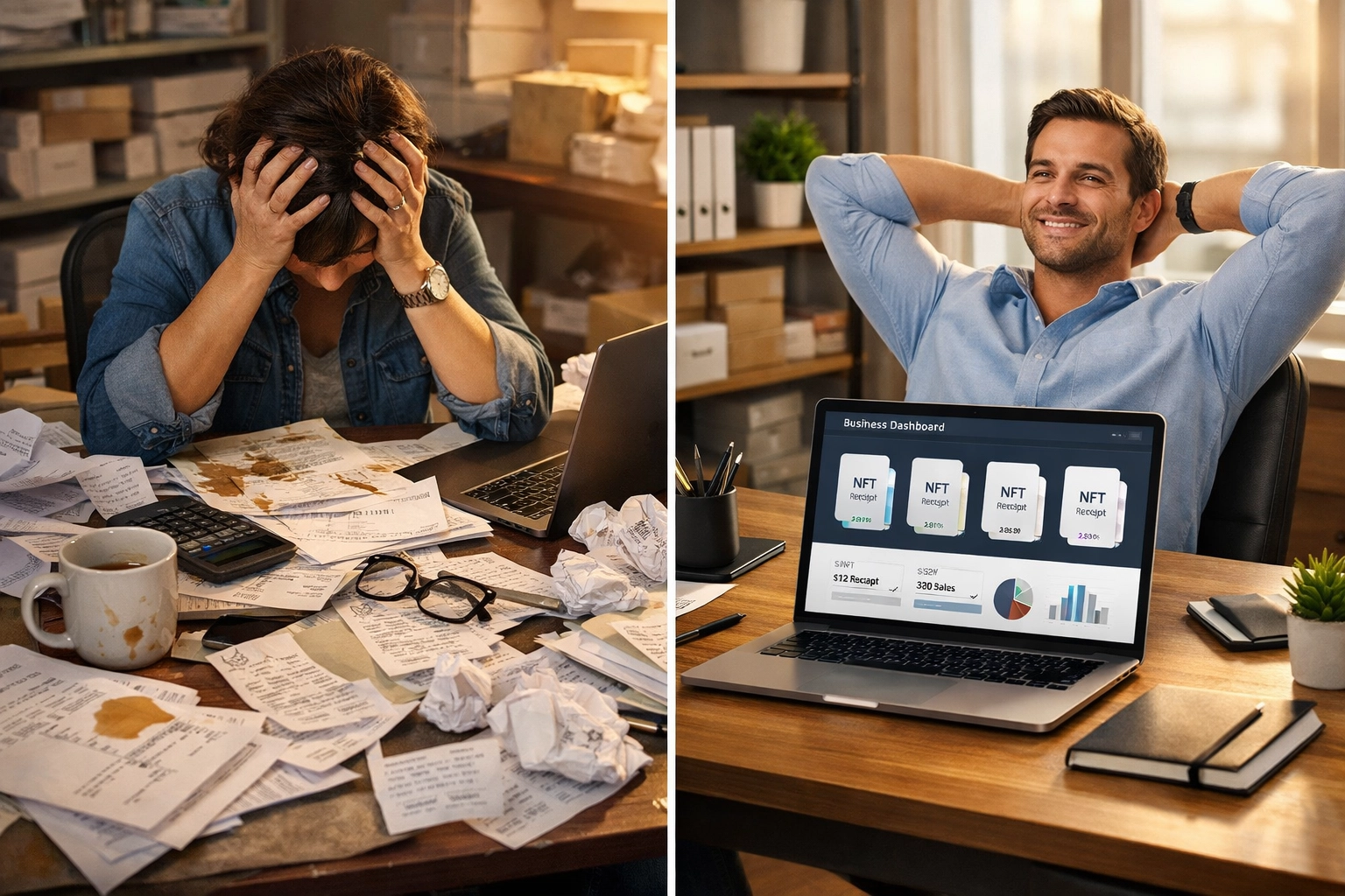 Small business accounting comparison: traditional receipt chaos versus organized NFT receipt dashboard