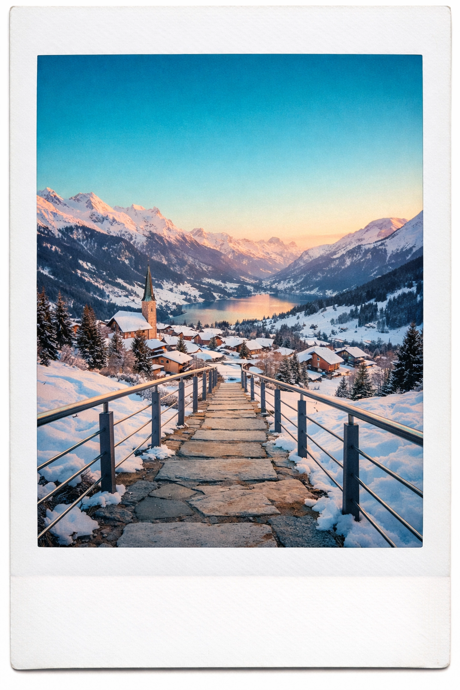A modern accessible stone pathway overlooking a snowy Alpine village, representing inclusive travel infrastructure.