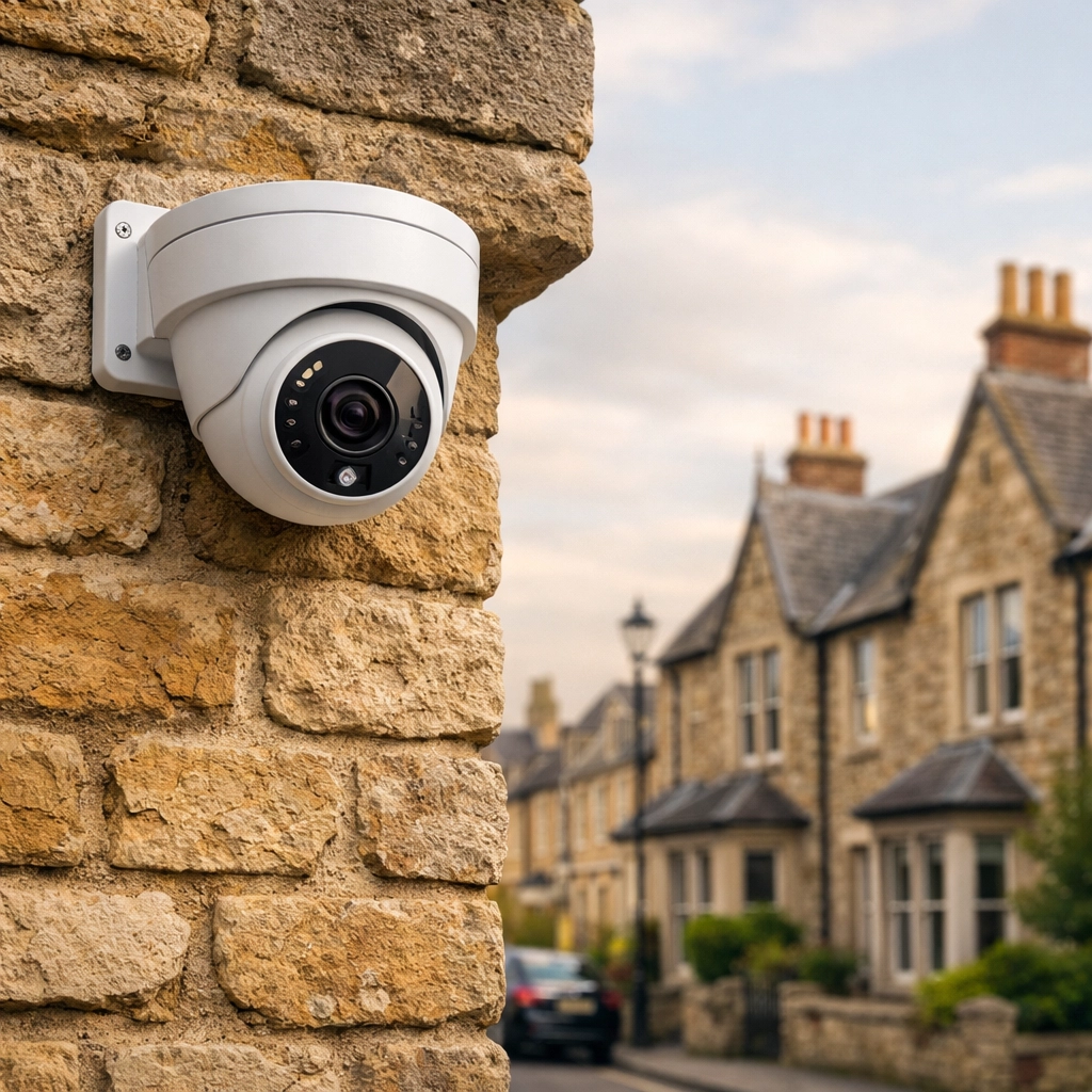 Discreet white turret CCTV camera installed on a historic Gloucester stone property for home protection.