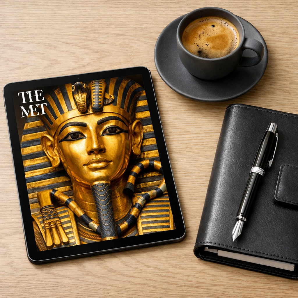 Digital tablet showing ancient Met Museum art during a remote corporate art tour.