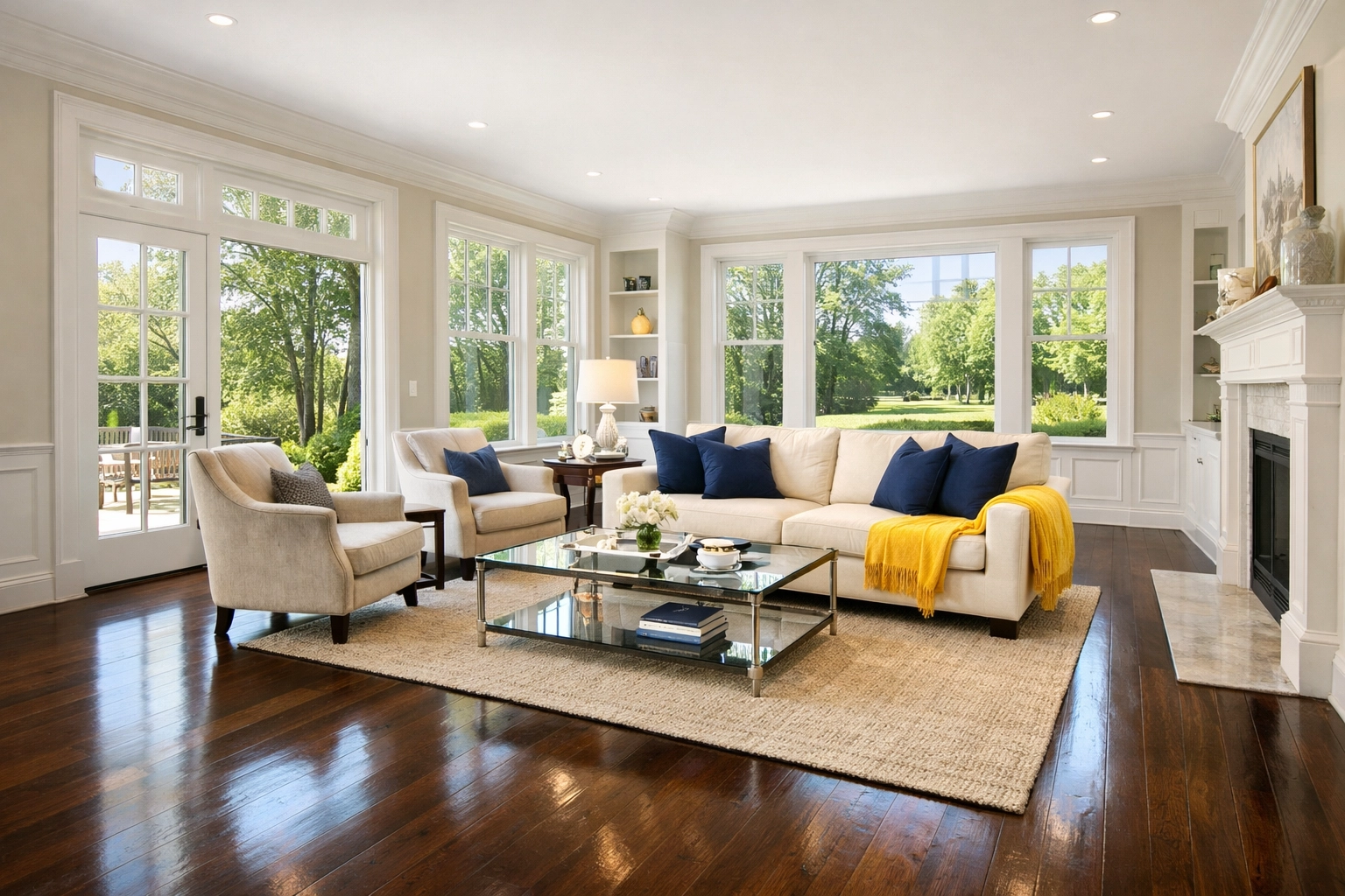 Spotlessly clean living room in an Oakham MA home after professional house cleaning service.