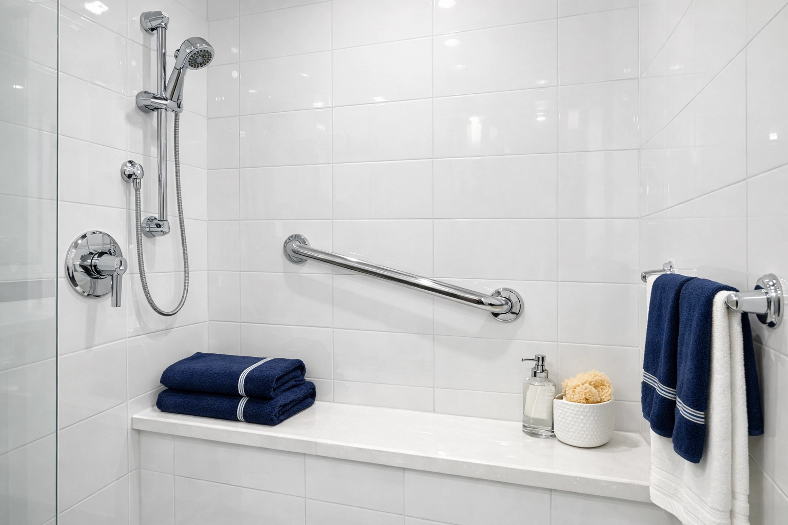 Sparkling clean bathroom with safety grab bar for Fitchburg senior home care.