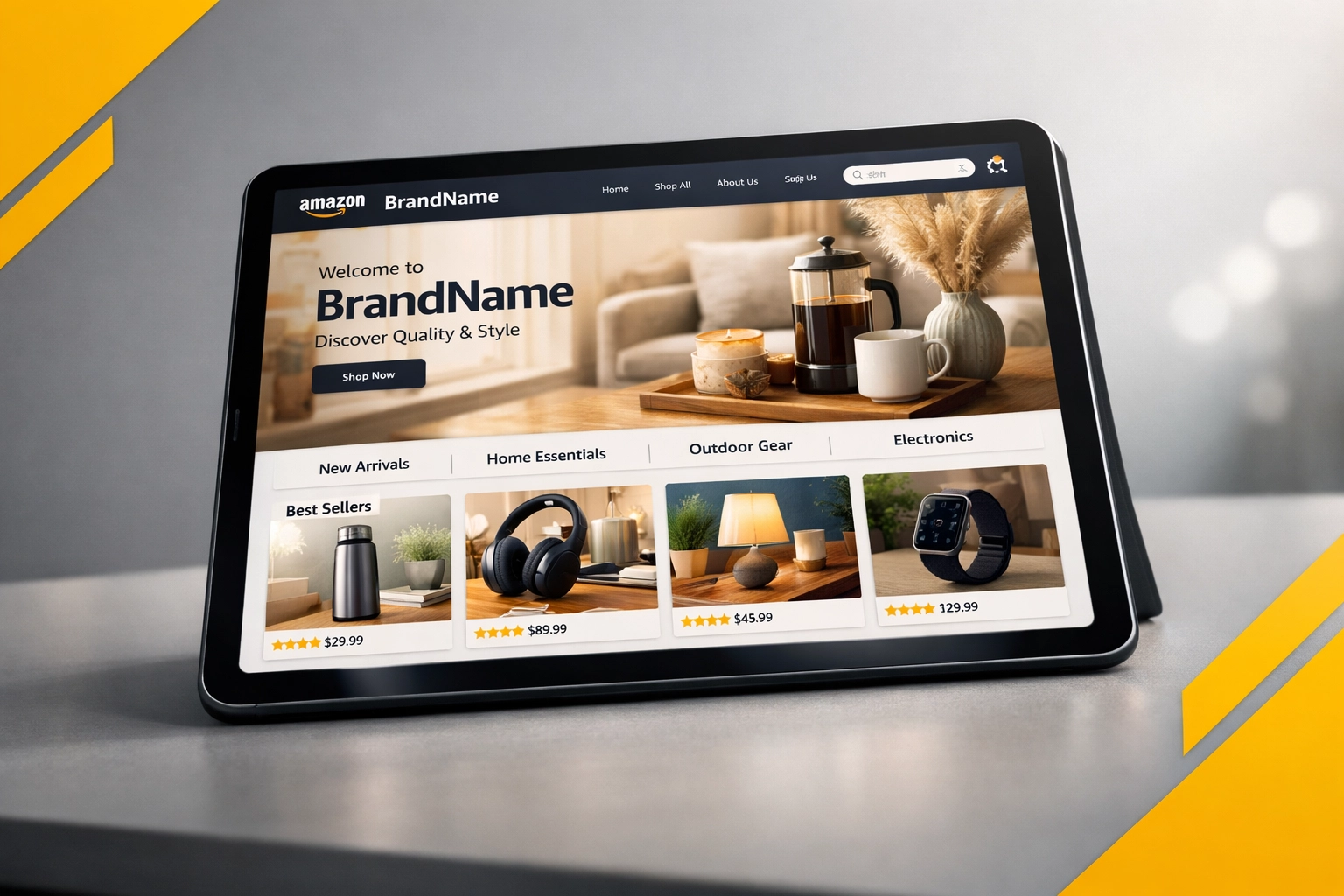 Amazon Brand Store interface displaying optimized product categories and brand content