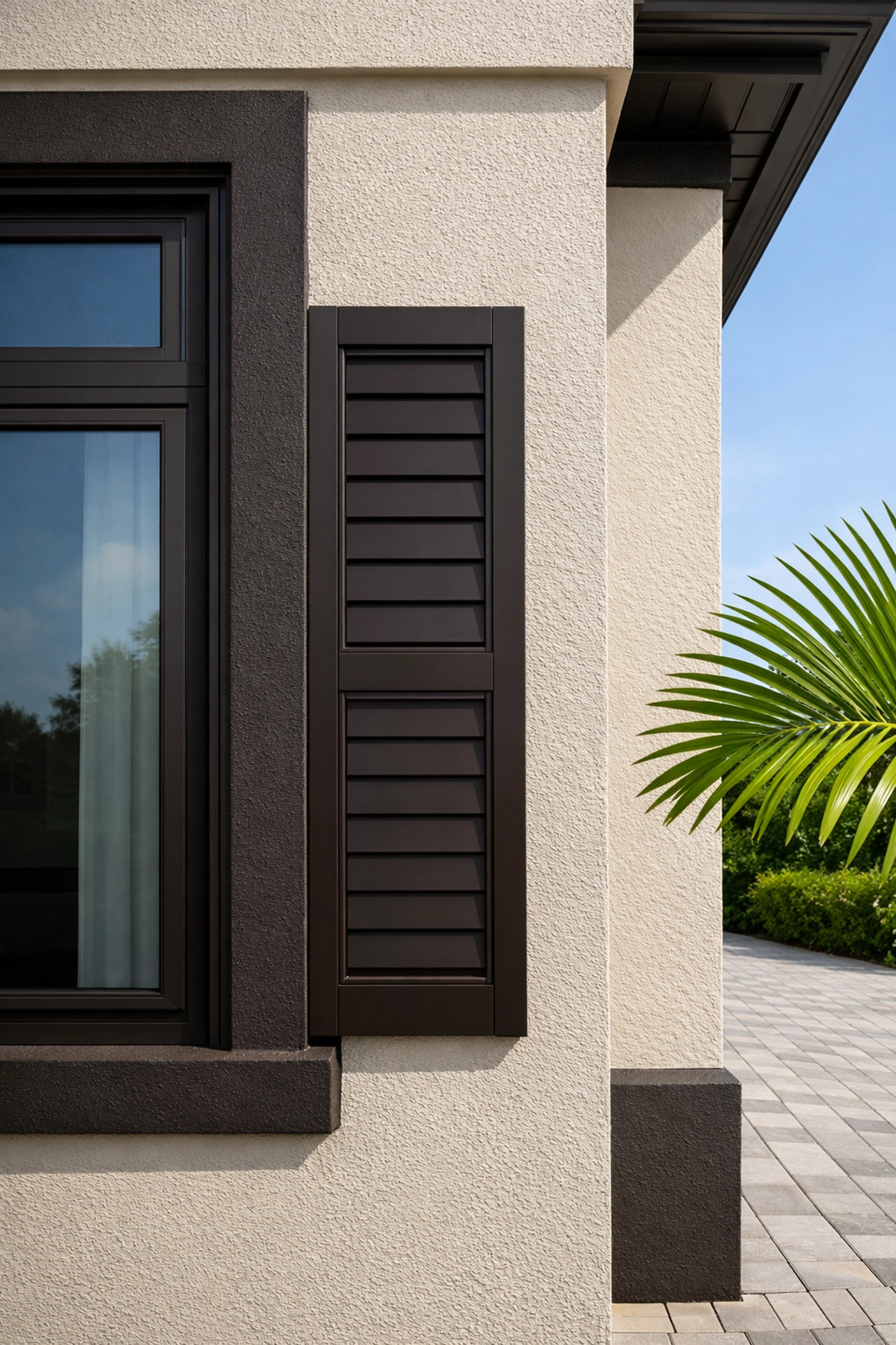 Professional exterior painting in Orlando showing greige walls contrasted with dark bronze window shutters and trim.