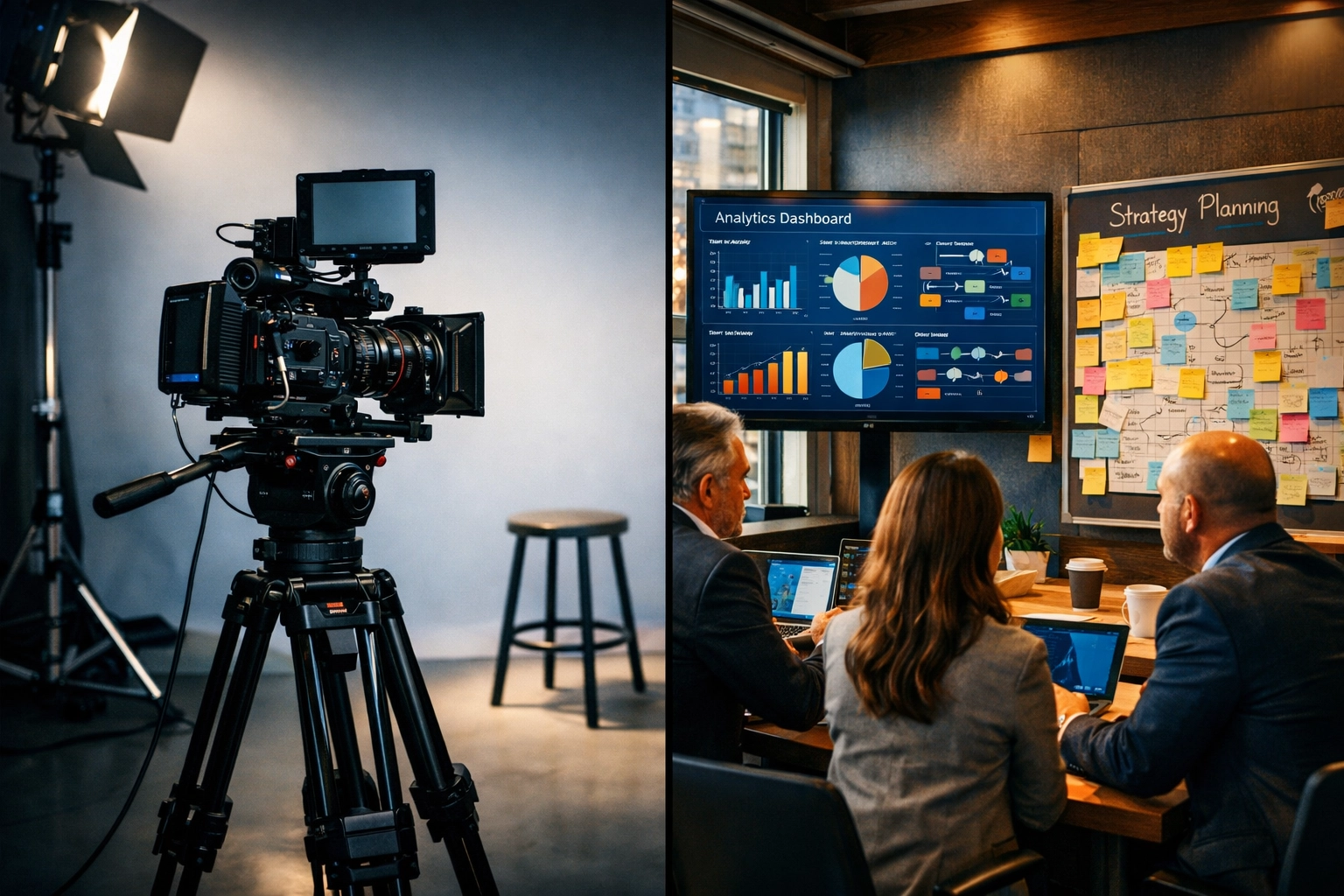 Video production studio equipment vs business strategy meeting with analytics dashboards