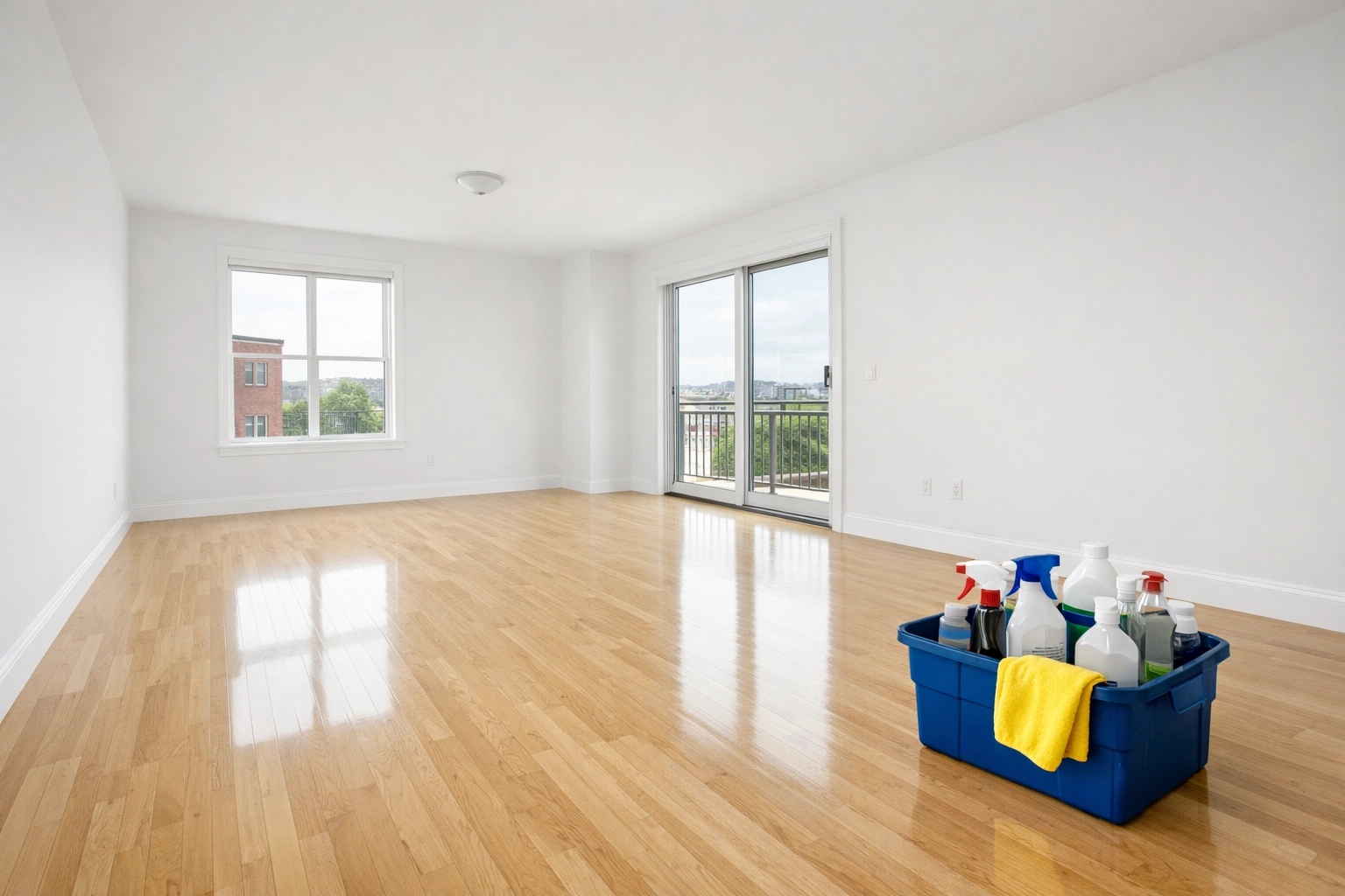 Pristine empty living room after a professional move-out cleaning Worcester in the Canal District.