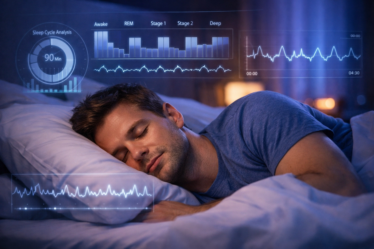 A person sleeping peacefully with data graphs showing optimized sleep quality and deep restorative rest.