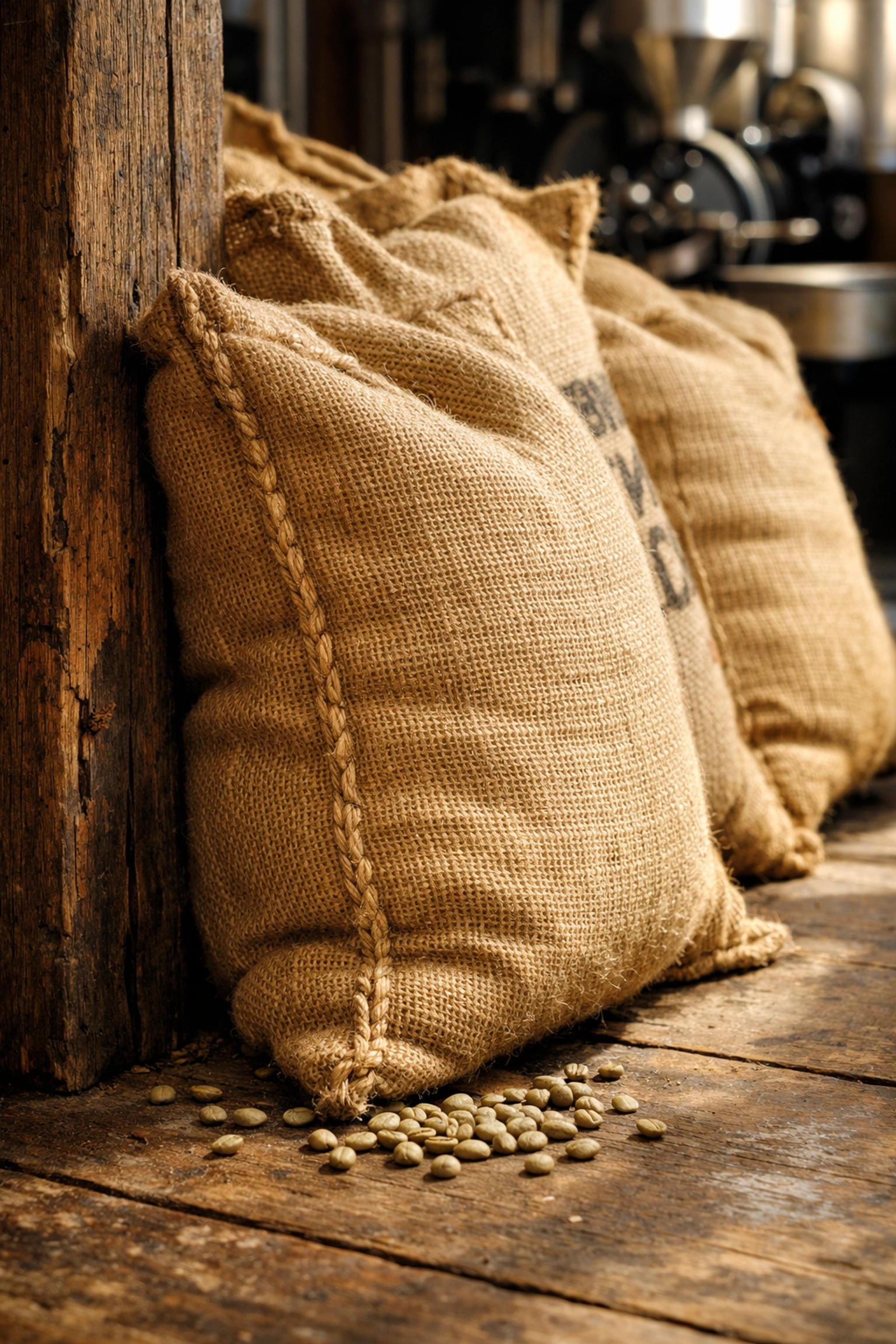 Close-up of rustic jute coffee sacks filled with unroasted green coffee beans in a sun-lit roastery.