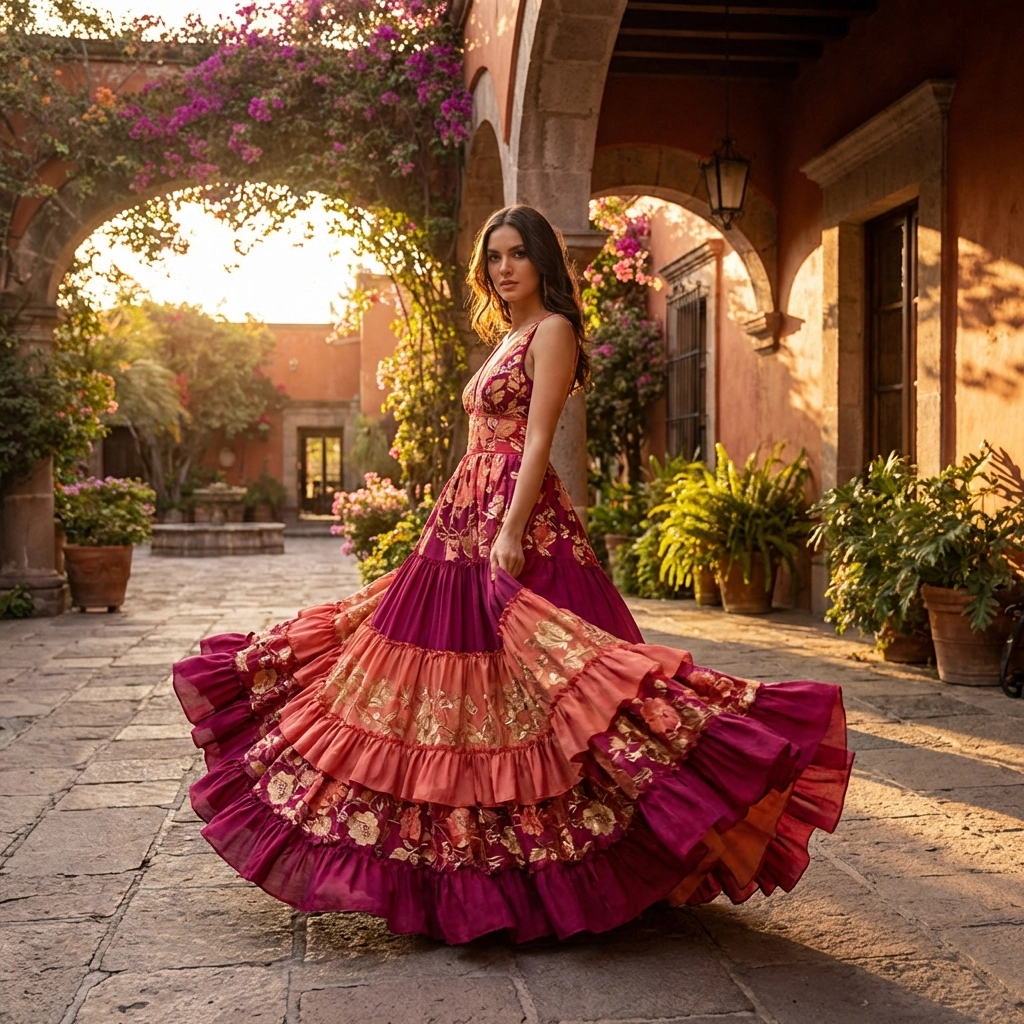 Elaborate embroidered gown with dramatic ruffles in hacienda courtyard, honoring Mexican designer Carlos Pineda