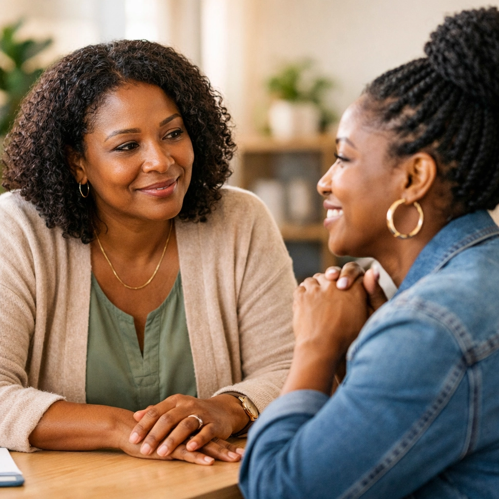 A supportive counseling session helping a local mother with rebuilding lives through Family ReBuild services.