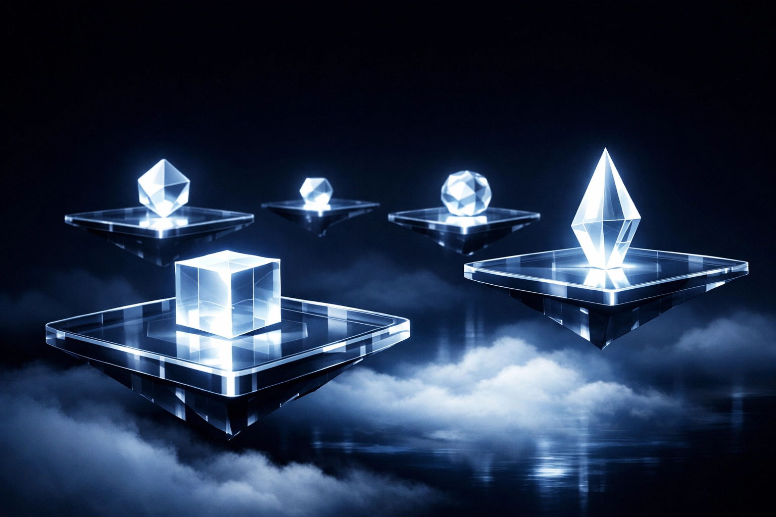 Visual metaphor of isolated data silos represented as floating islands in a dark digital space.