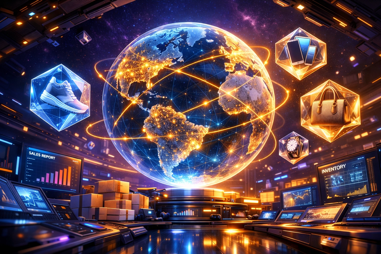 A digital holographic globe with retail icons illustrating Larecoin AI powered global merchant operations in Web3.