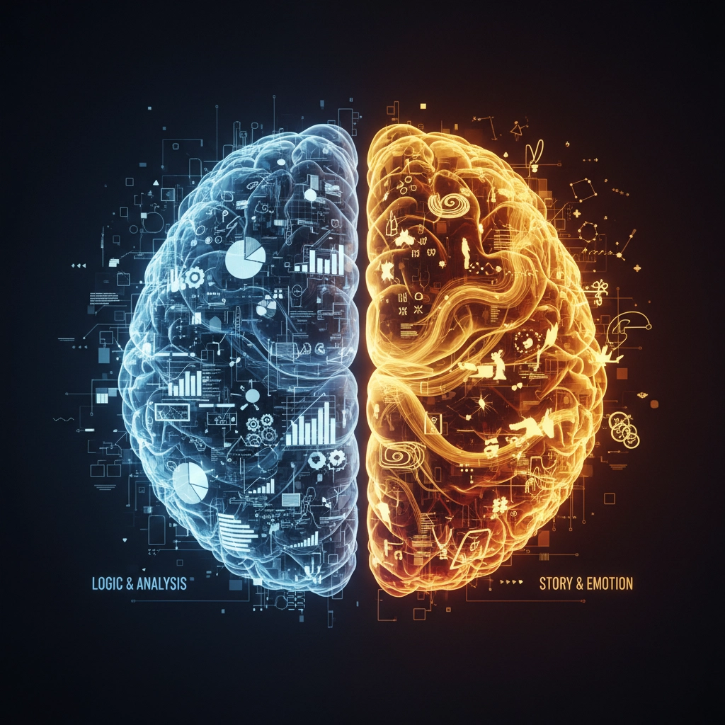 An artistic depiction of the brain split into two hemispheres, contrasting logic and analysis on the left with story and emotion on the right. The left side features data charts and digital motifs in cool blue tones, while the right side showcases creative elements such as music and art symbols in warm orange hues.


