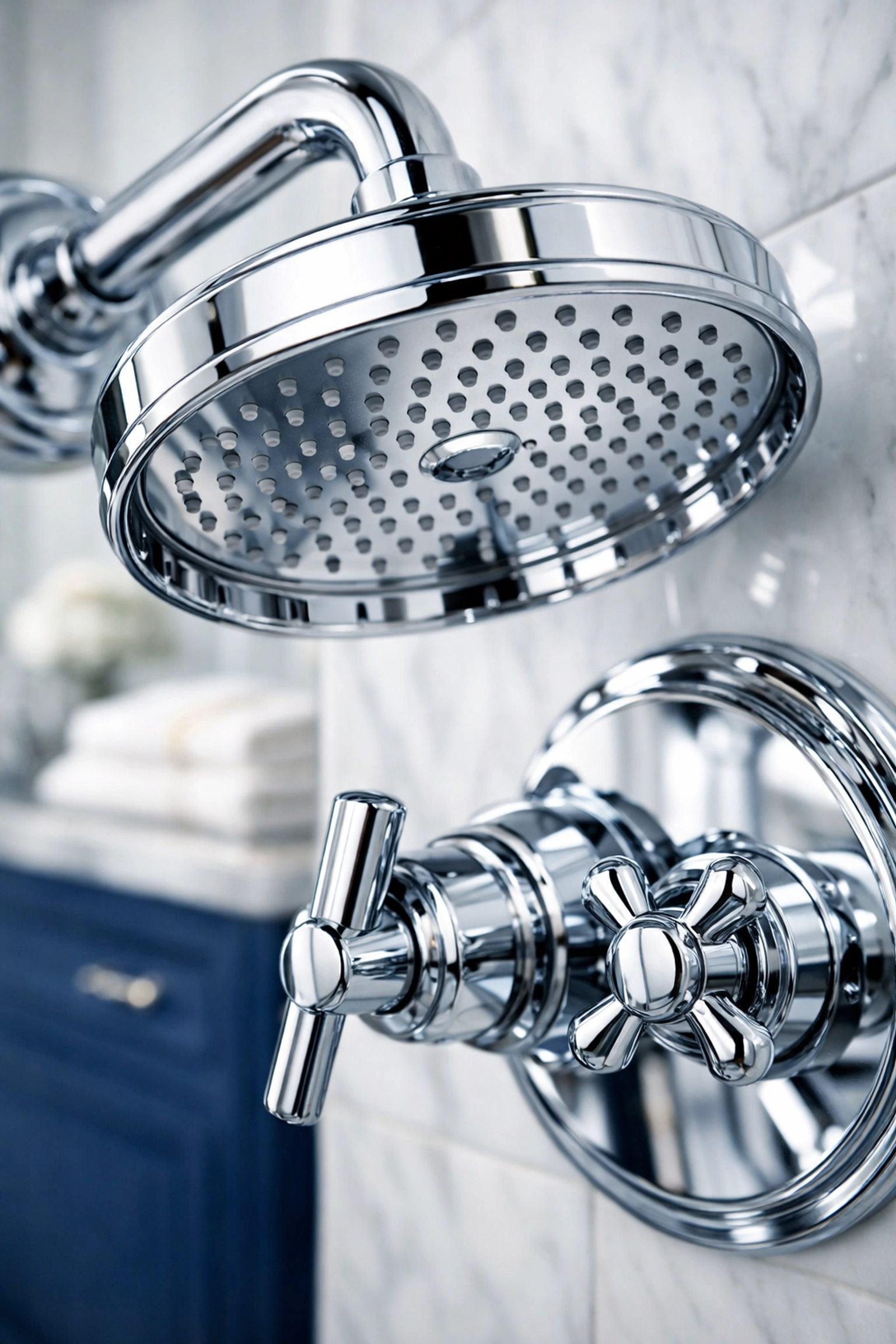 Sparkling clean chrome showerhead and marble tiles after a professional Fitchburg deep cleaning service.