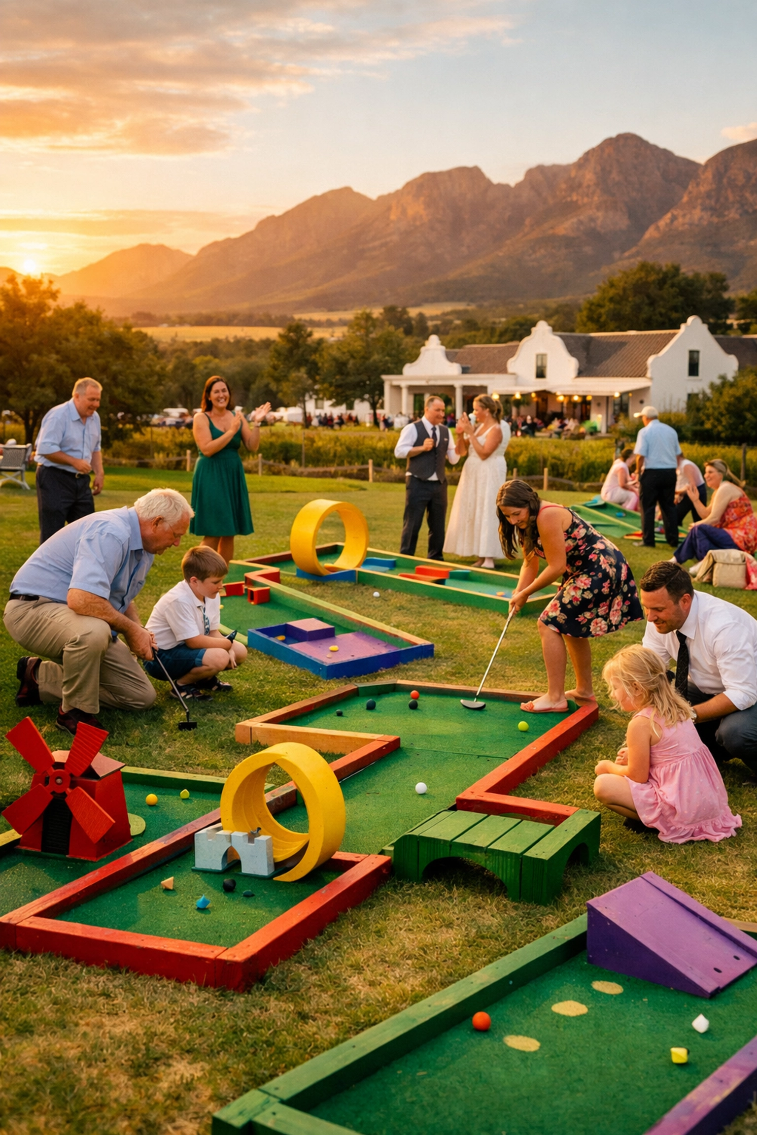 Guests enjoying mini golf at a Winelands wedding reception with mountain backdrop