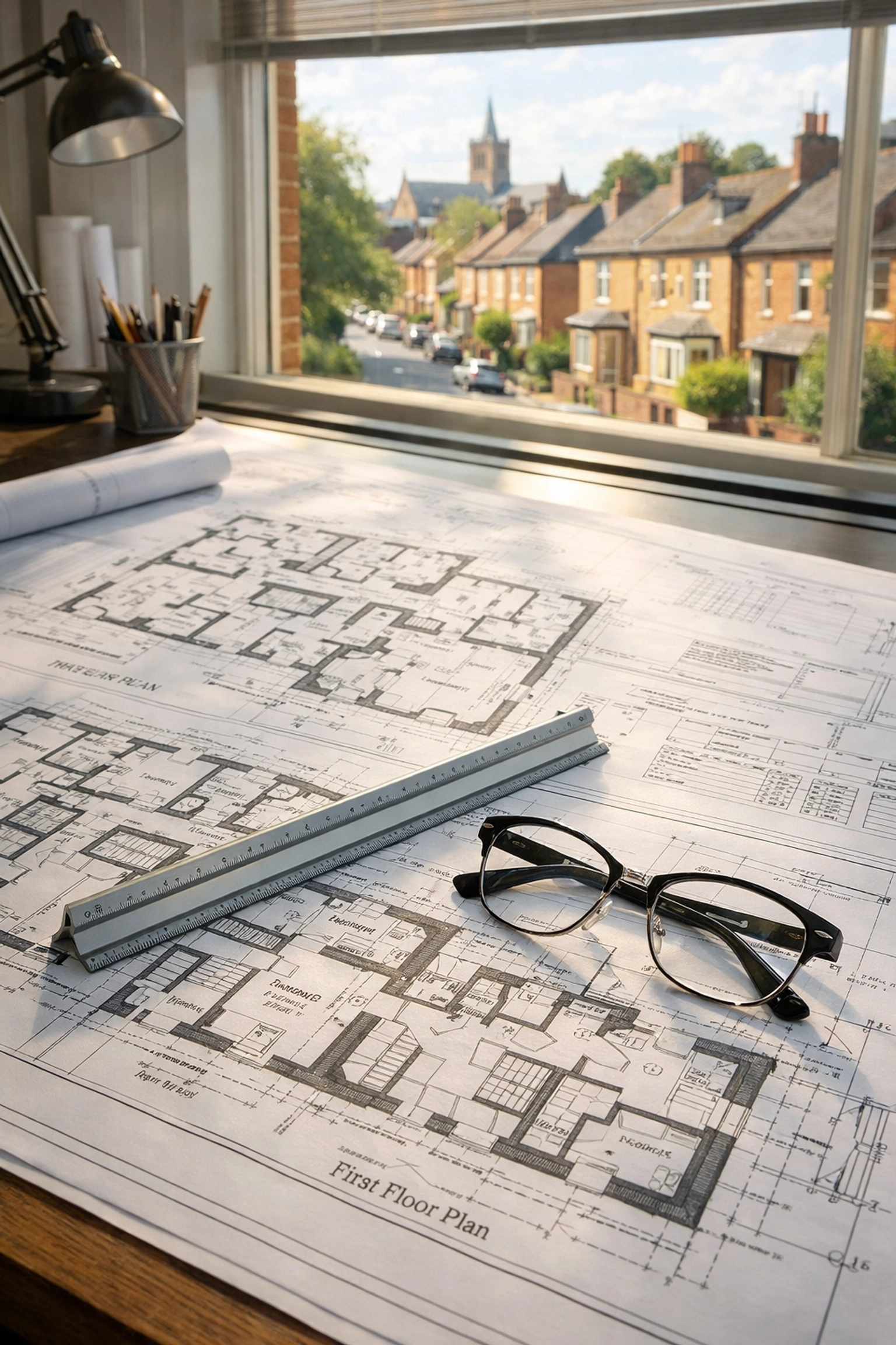 Detailed architectural plans for an HMO conversion on a professional drafting table in St Albans.