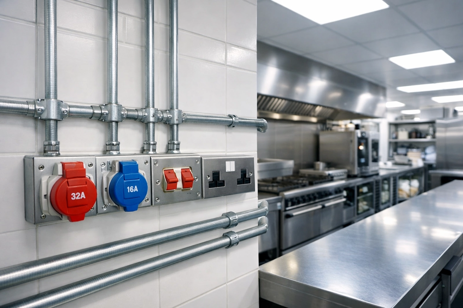 Commercial electrical installation in a Poole kitchen featuring professional conduits and industrial sockets.