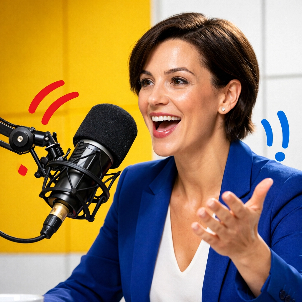 A business guest speaking into a microphone at the Channel Radio studio, one of the top radio stations in Kent.