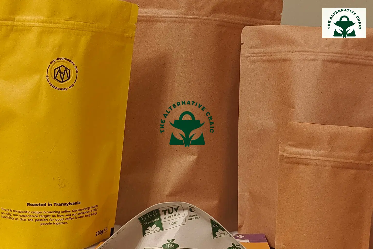 A detailed close-up view of a stand-up coffee pouch, showing the finish and structure