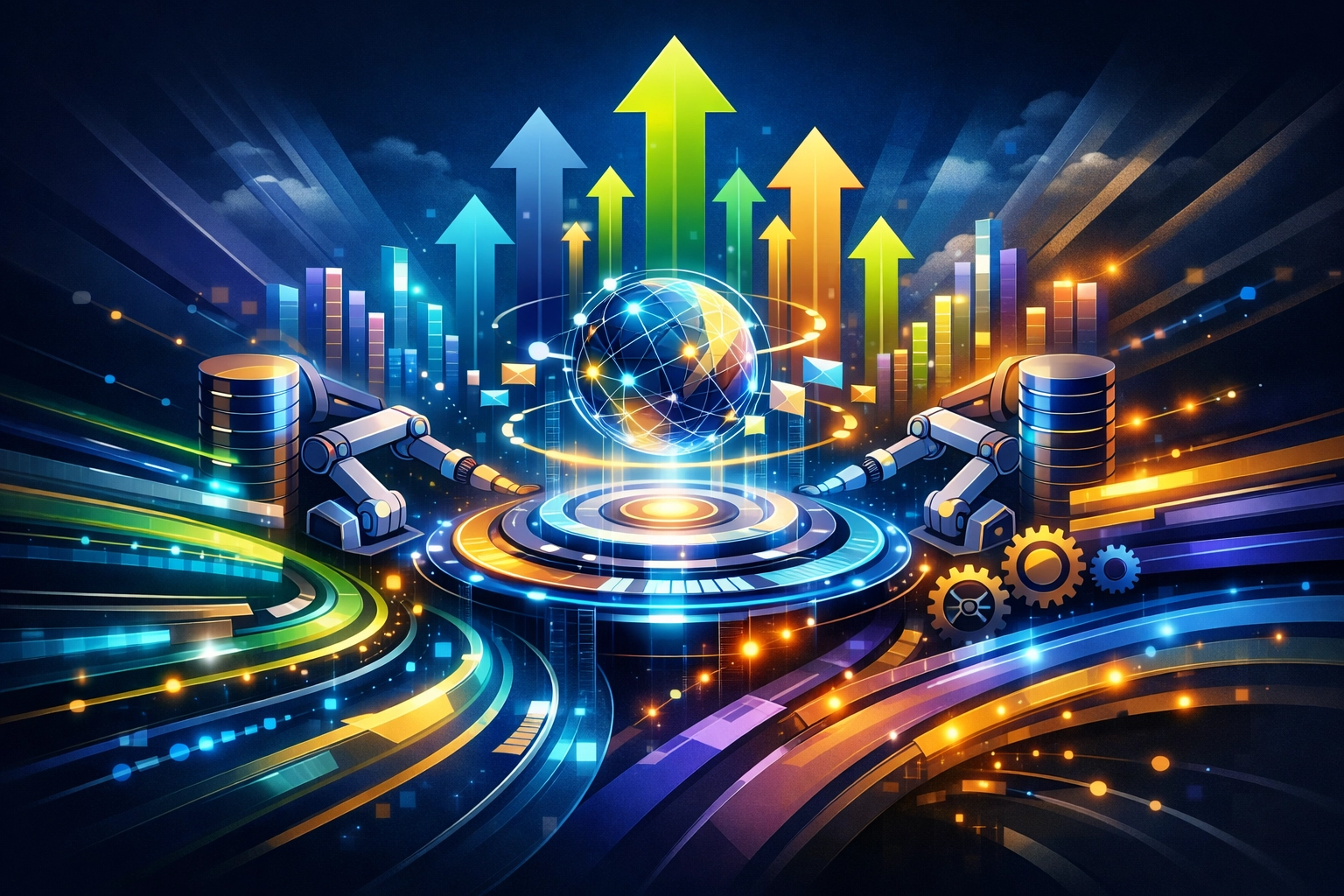 A conceptual unified business engine visual with synchronized data hub architecture, intelligent automation, upward arrows, and scalable operational flow.