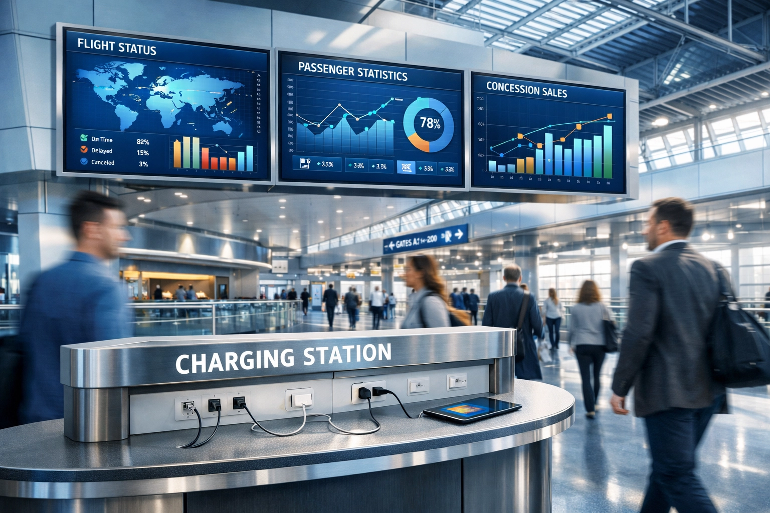 Digital signage and public charging stations in a modern stadium representing Dakdan RAMM technology.