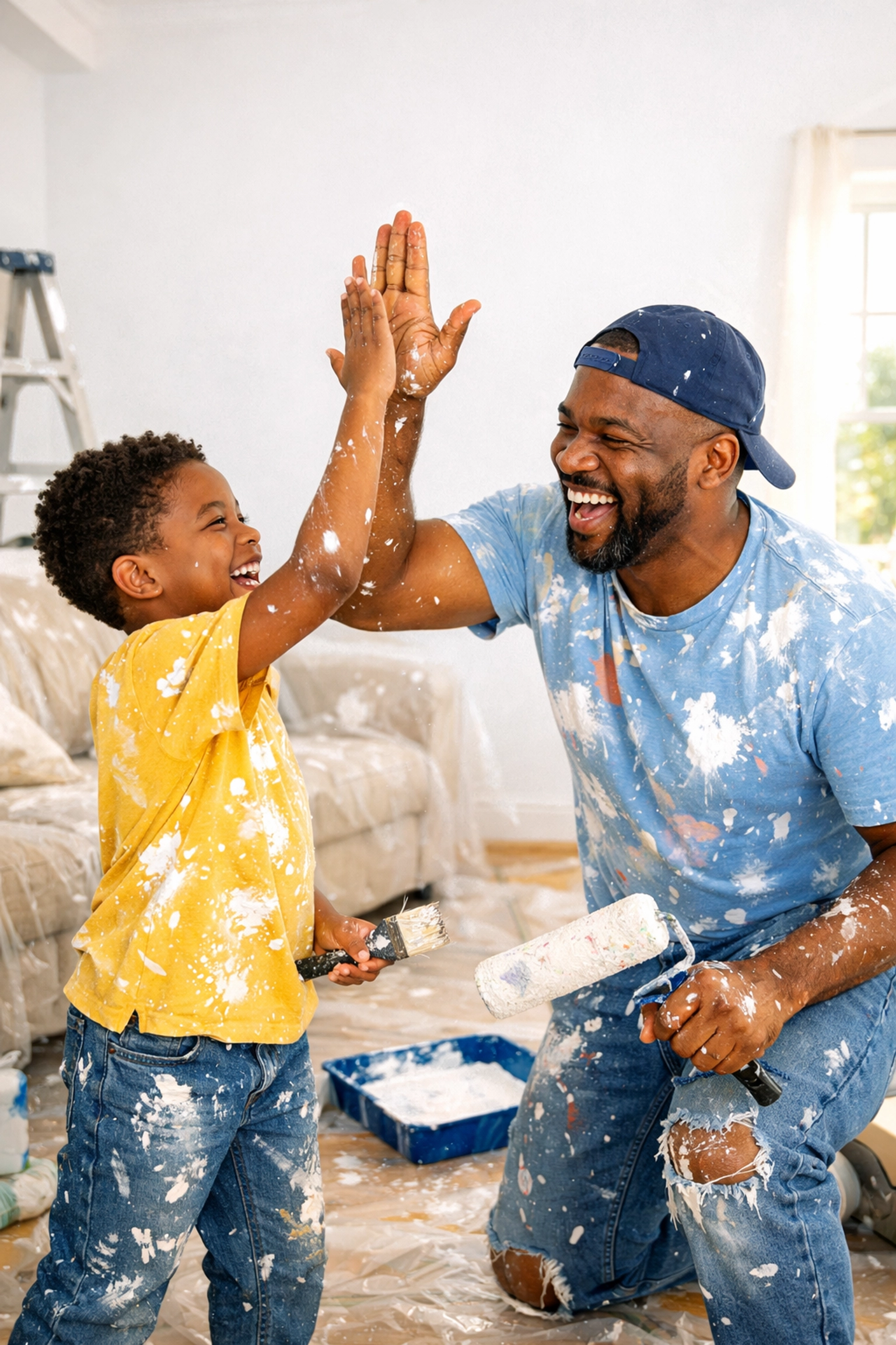 A father and son high-fiving while painting their home during disaster recovery in New Jersey.