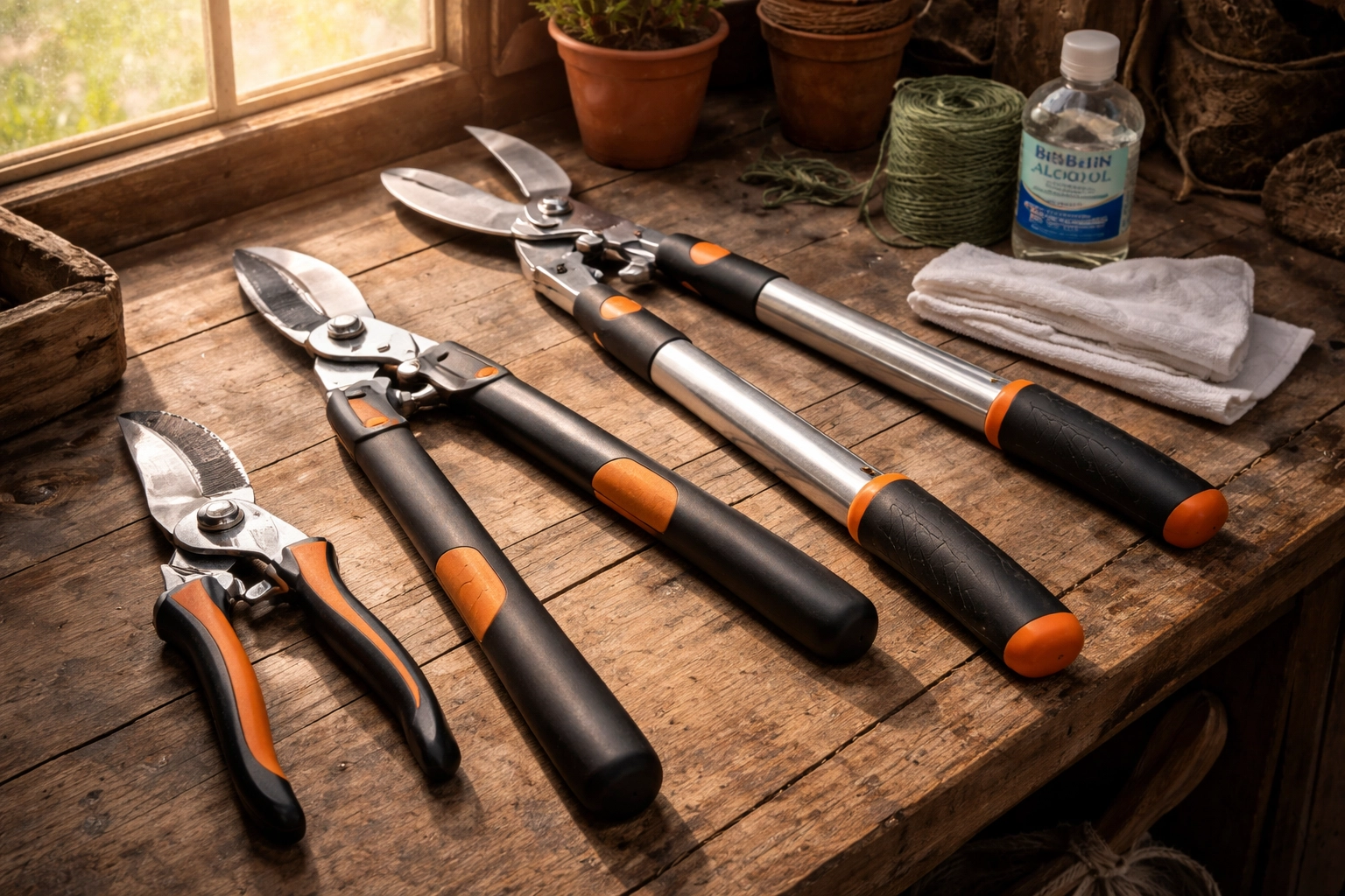 Assortment of clean, sharp tree pruning tools and disinfectant in a garden shed for effective pruning
