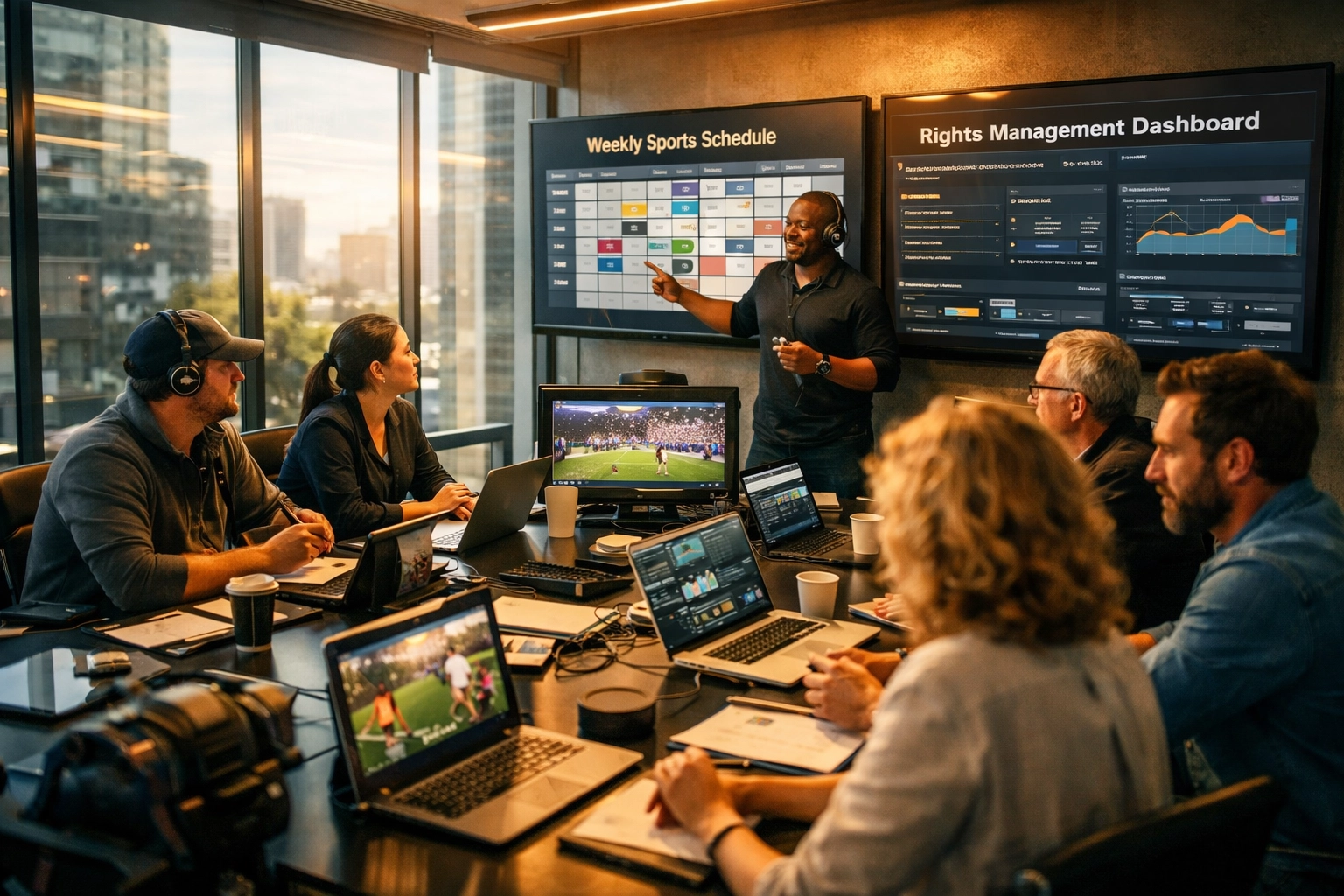 Sports media production team collaborating on content strategy and rights management in professional meeting room
