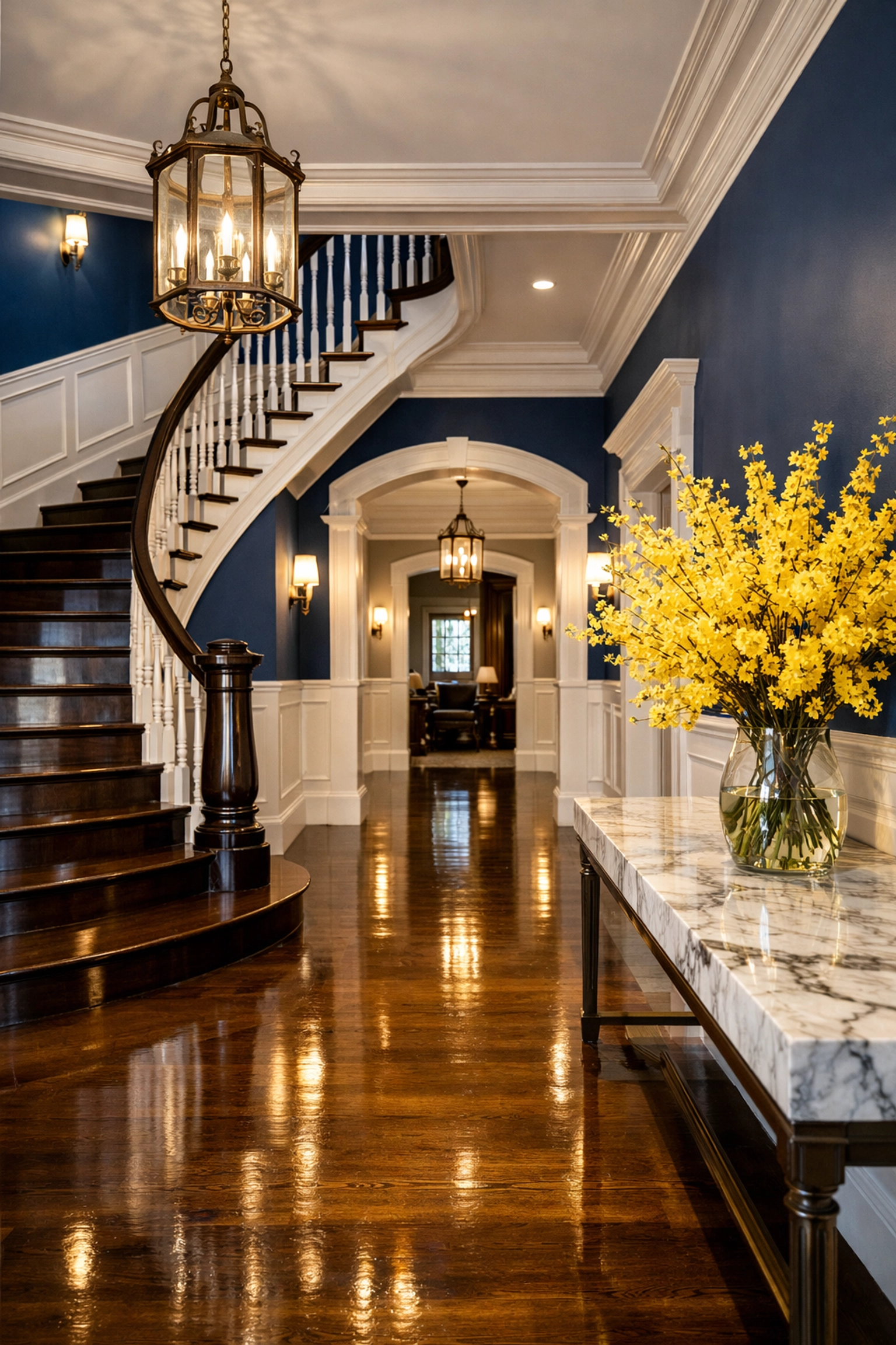 Pristine grand foyer in a historic Andover estate featuring polished hardwood floors and woodwork.