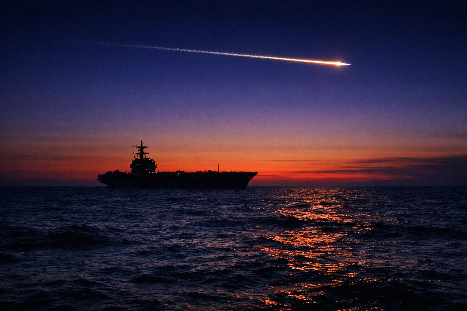 An aircraft carrier at sea under a twilight sky with a glowing missile streak, illustrating global military power.