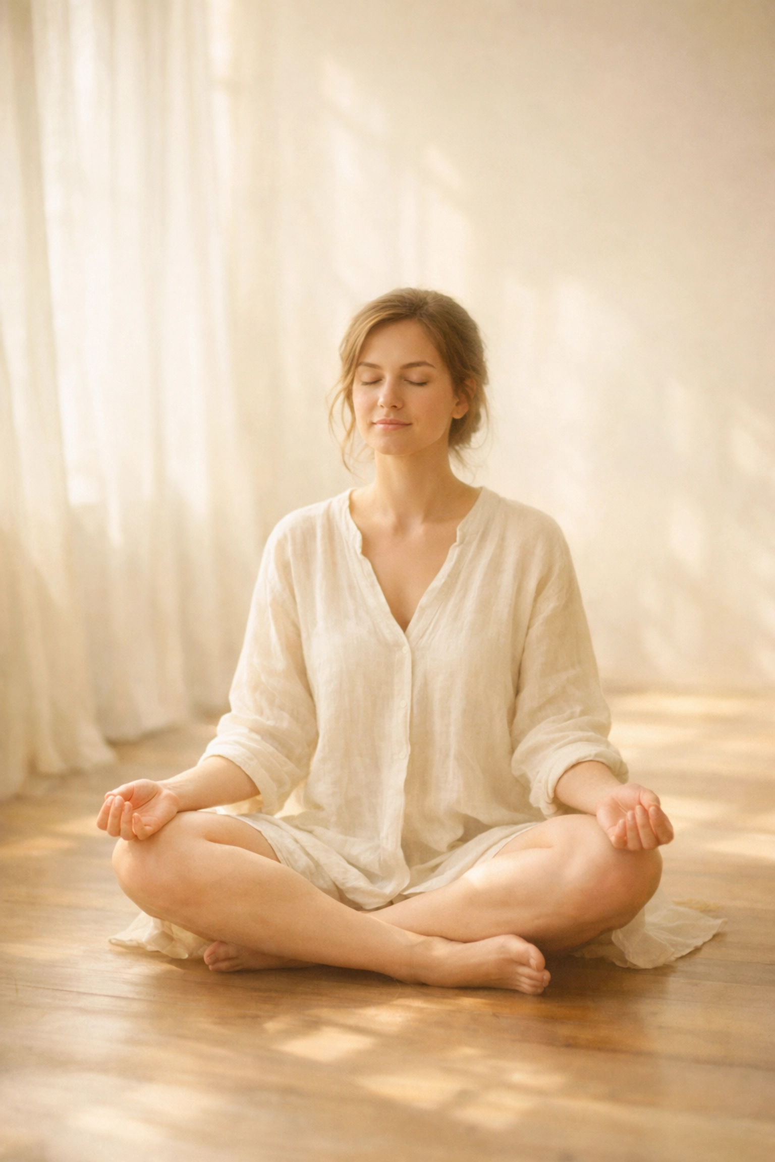 Woman meditating peacefully on floor practicing nervous system regulation and inner calm
