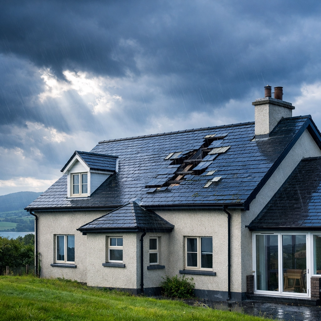 Omagh house with damaged slate roof during storm demonstrating weather exposure