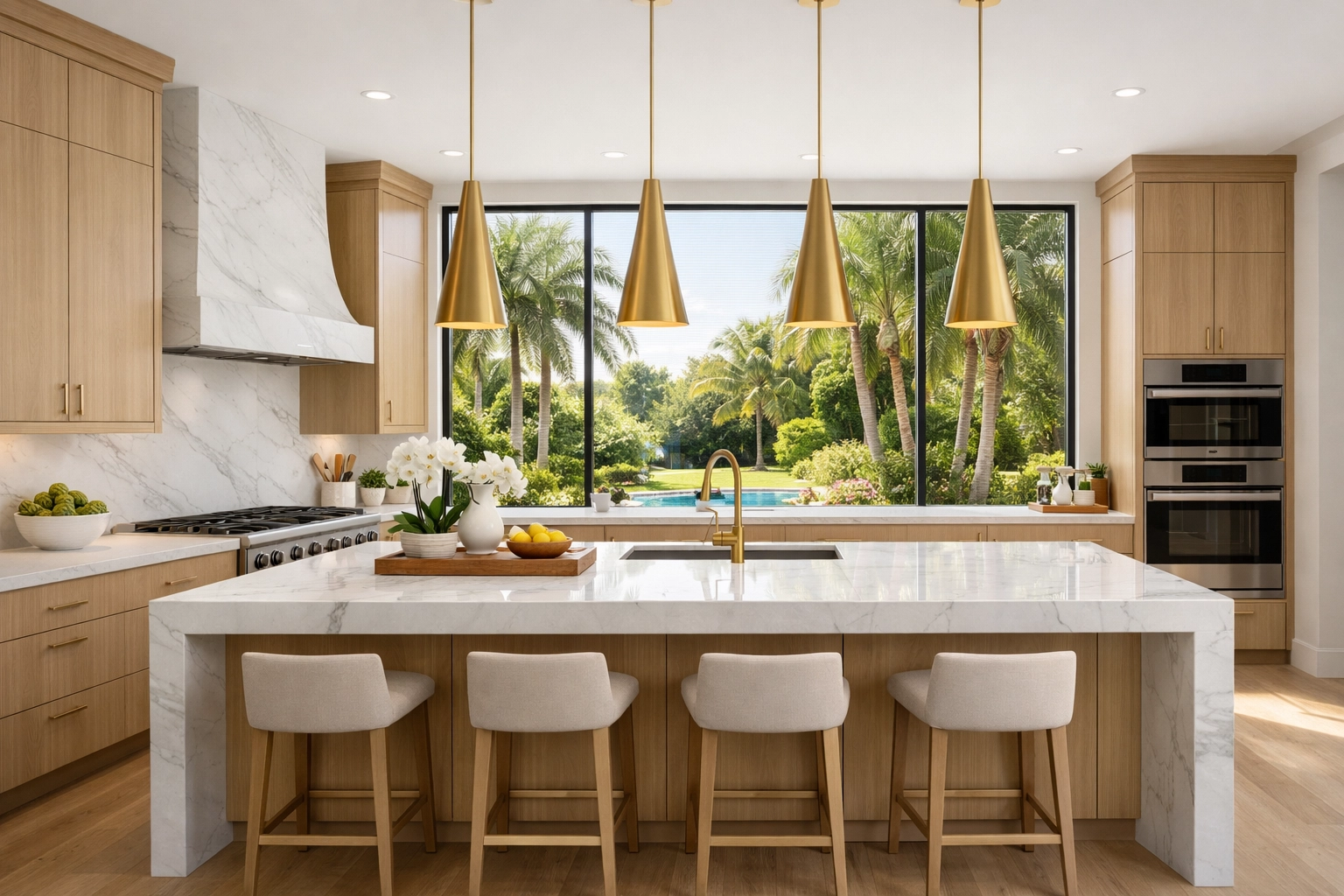 Modern luxury kitchen remodel in Orlando featuring marble countertops and high-end cabinetry.