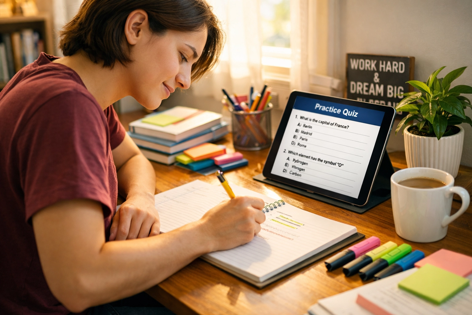 College student studying for CLEP exam with test prep materials (1x1, center safe zone) (1x1, center safe zone)