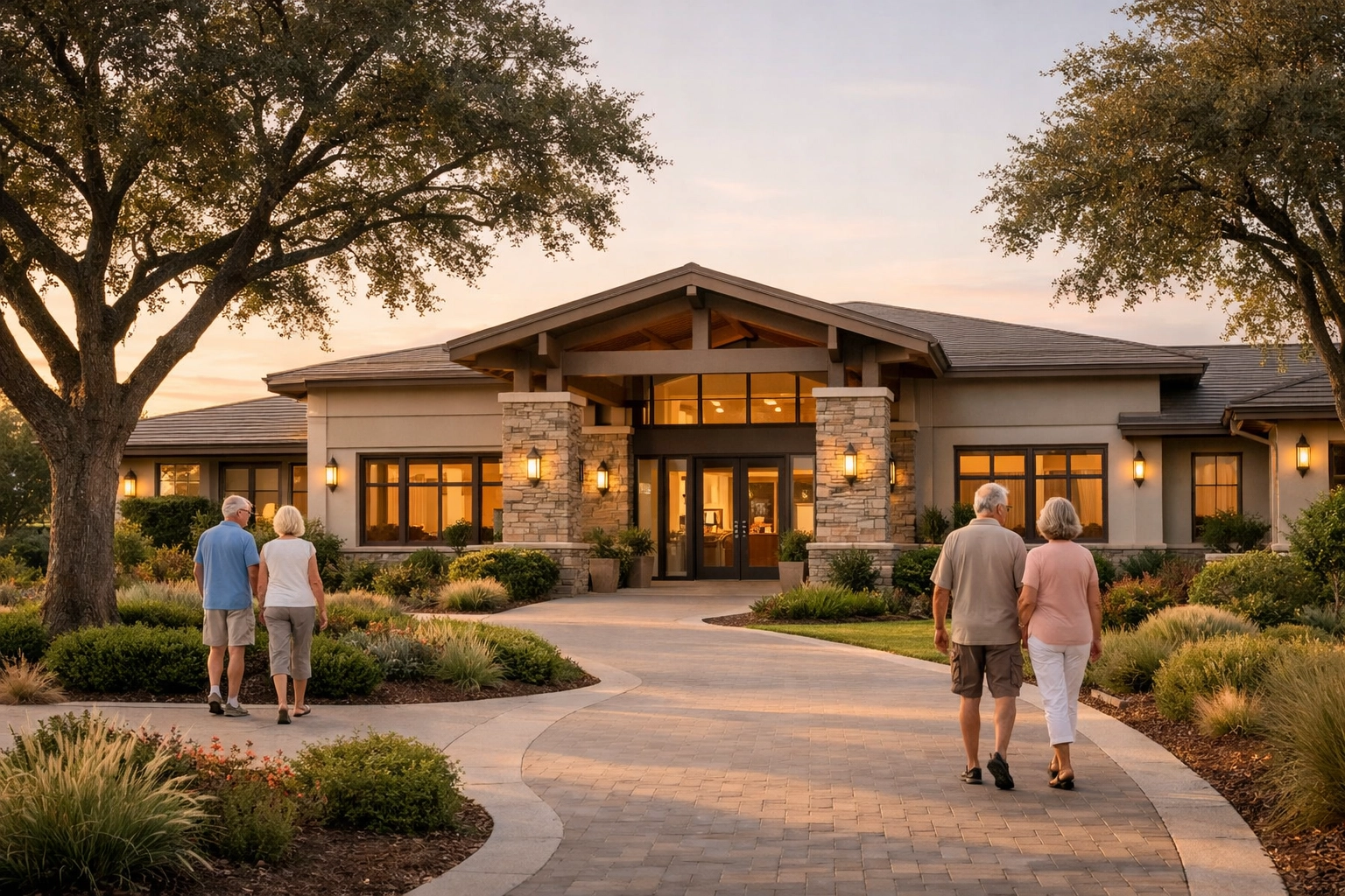 Sun City Roseville clubhouse exterior with oak trees and welcoming entrance for active adults