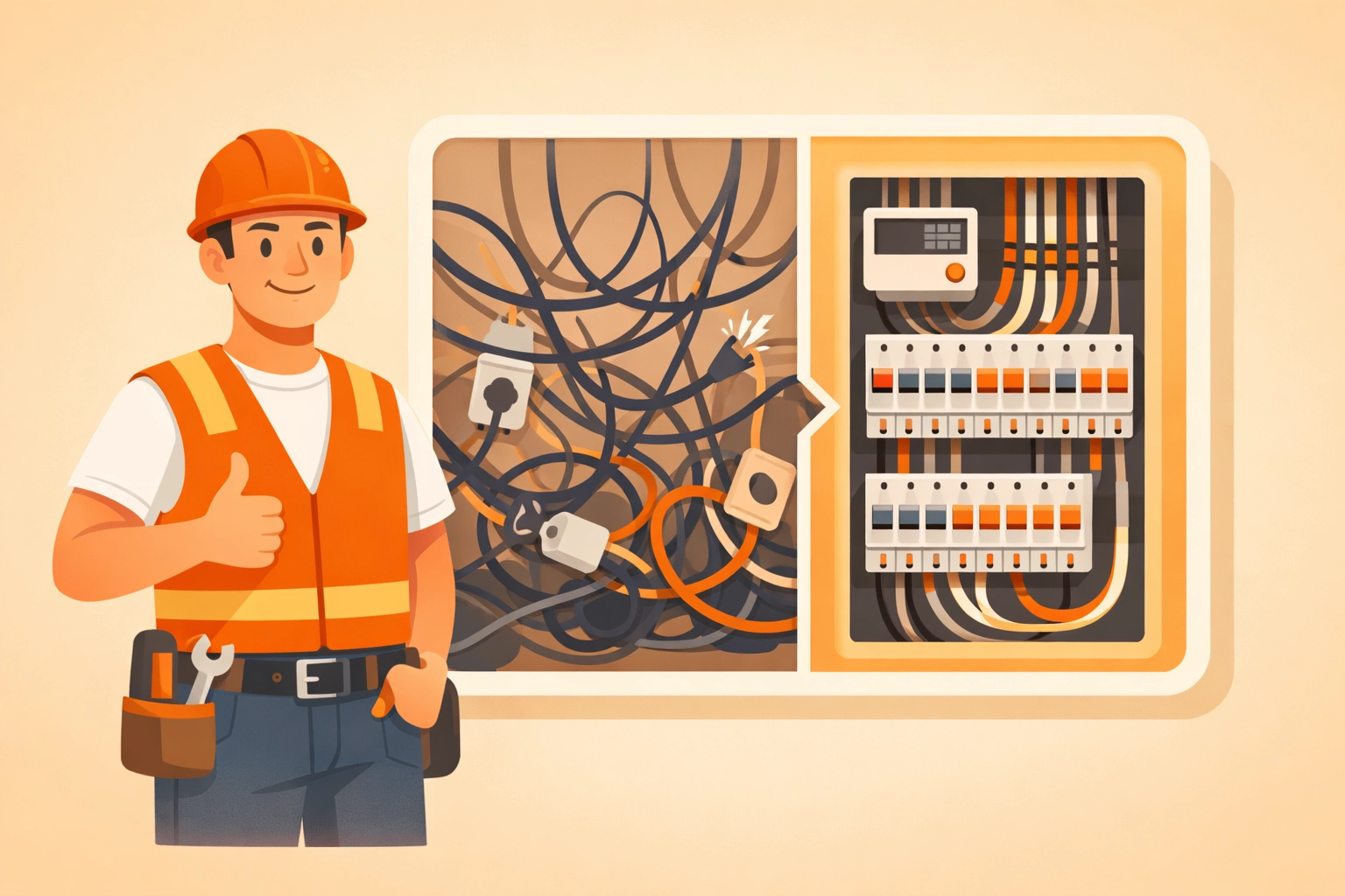 Contractor showing a professional before and after photo comparison of an electrical panel.