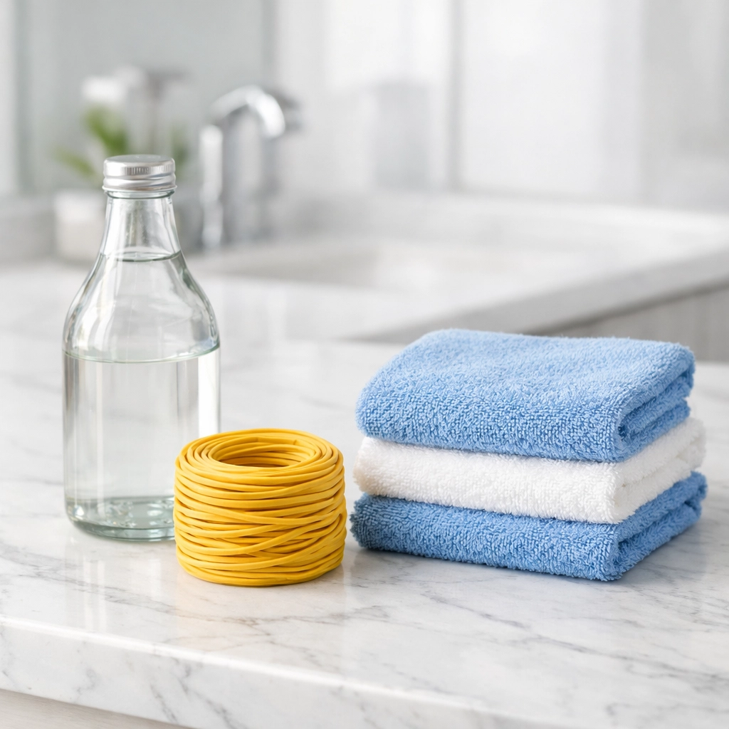 Showerhead cleaning supplies including distilled white vinegar and rubber bands on a modern vanity.