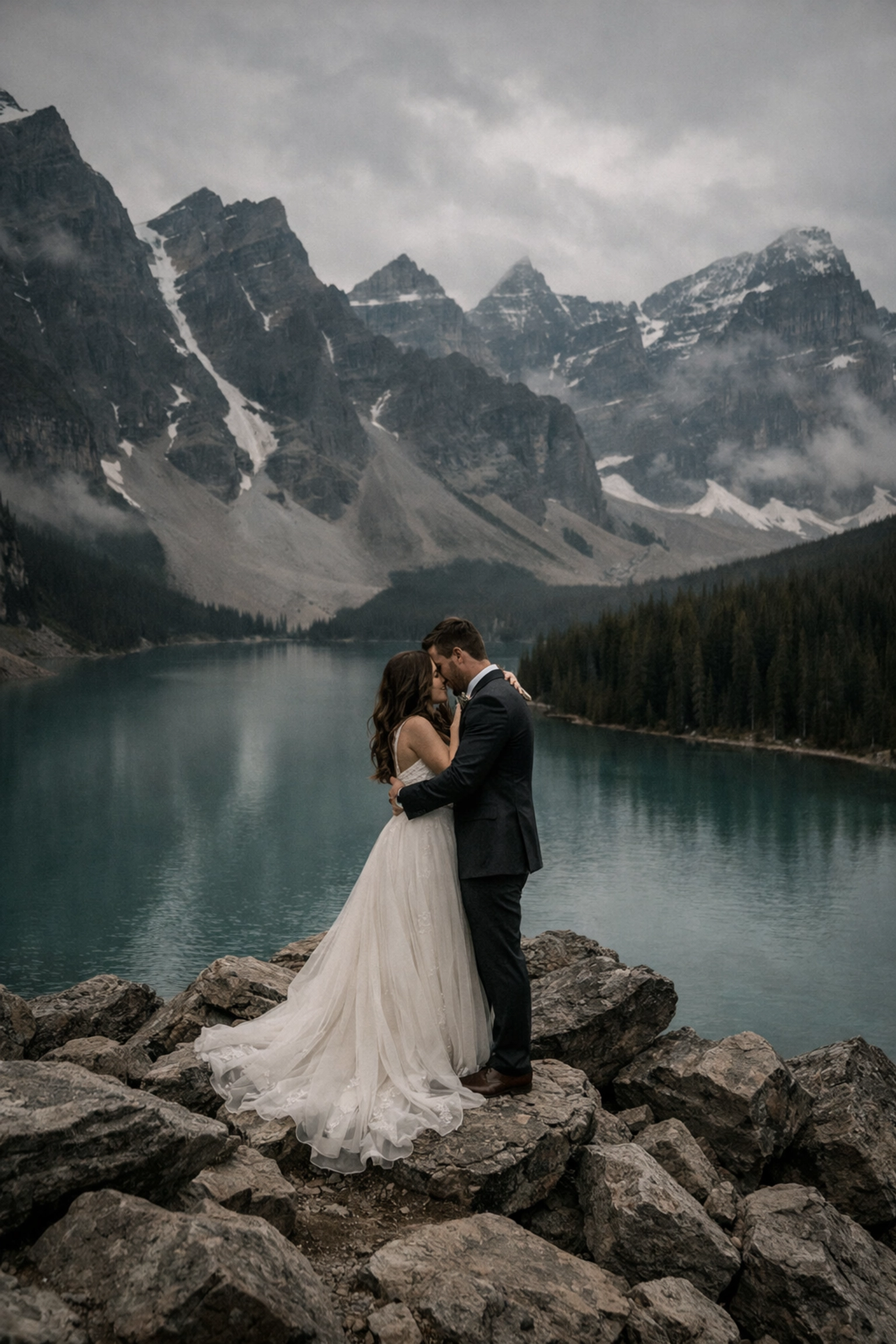 Moraine Lake elopement couple at rock pile viewpoint with Valley of Ten Peaks