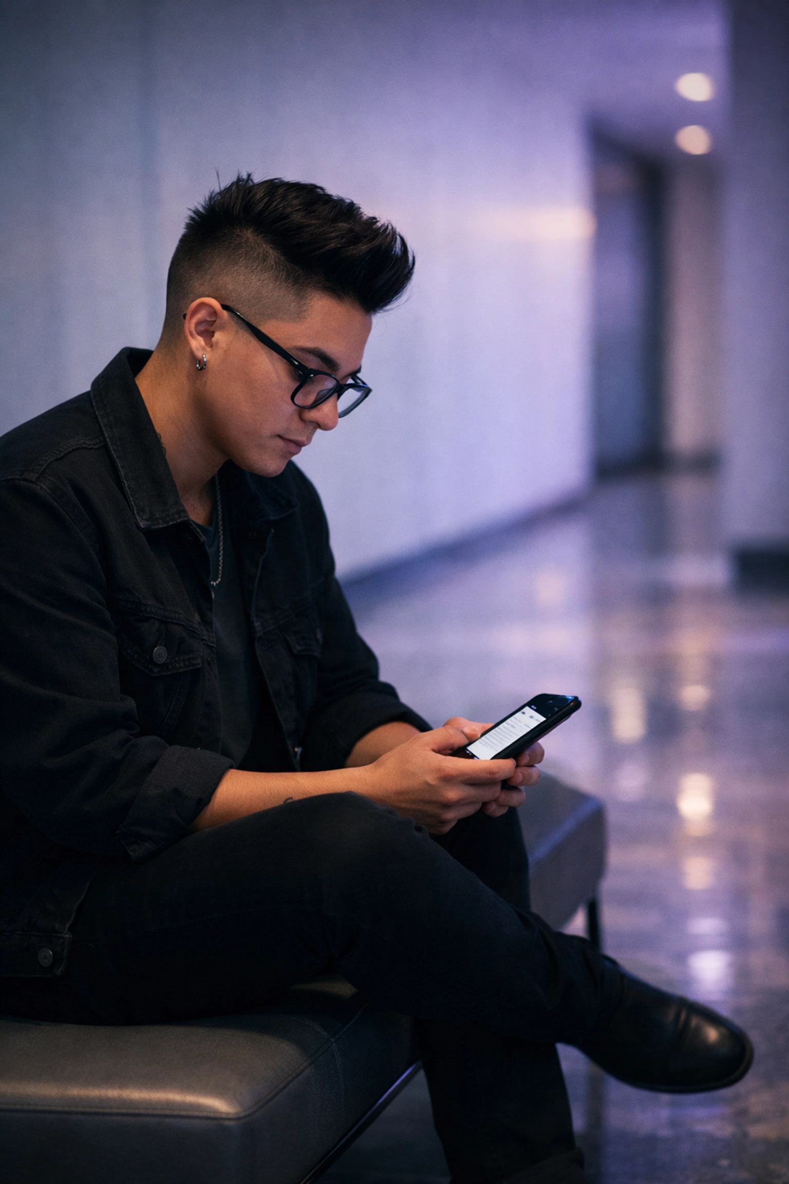 Trans-masculine employee reading a queer ebook in a quiet office corridor to manage workplace stress.