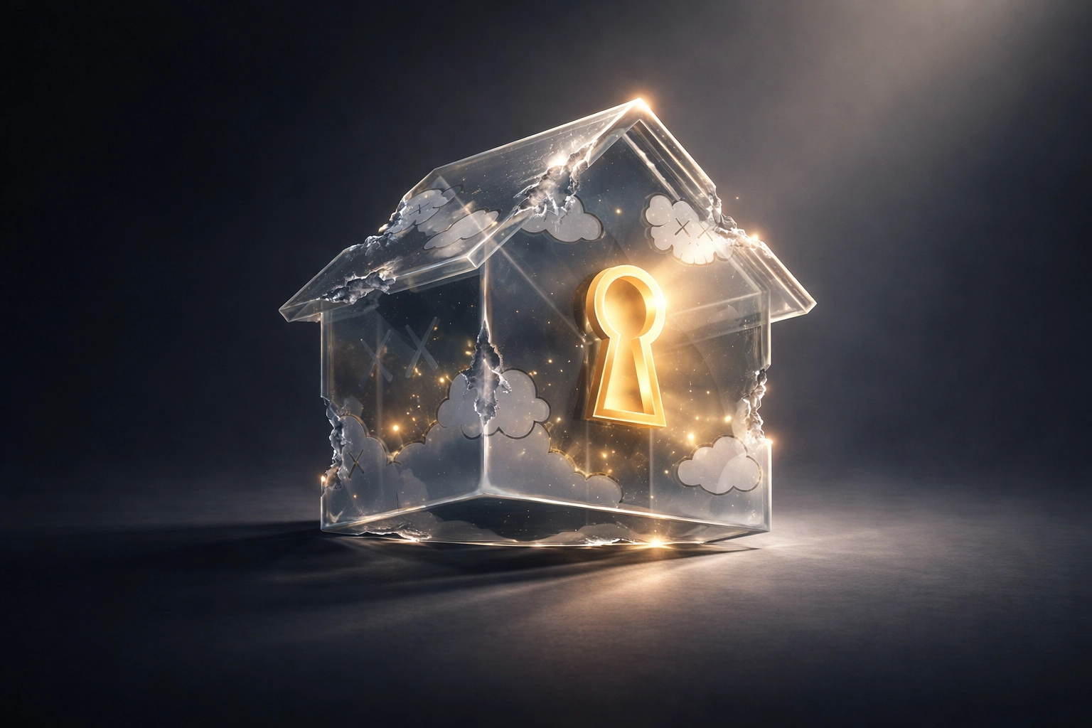 Translucent house glowing in shadows, symbolizing hidden inventory and golden opportunities for real estate agents