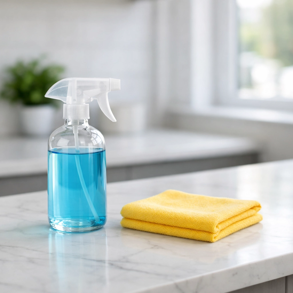 Eco-friendly supplies for move-out cleaning Cambridge on a luxury marble kitchen island.