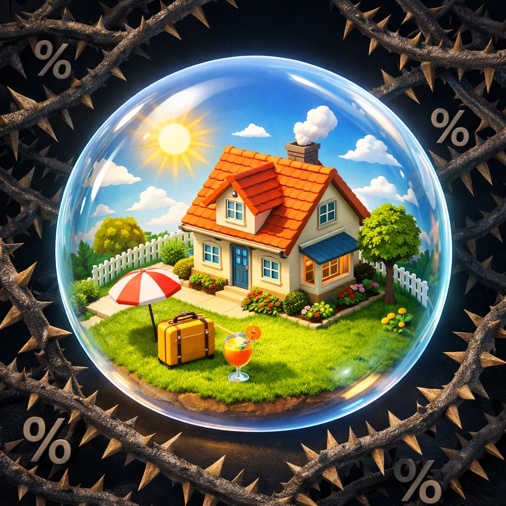A house safe inside a bubble from high interest rate vines, representing household remortgage savings.