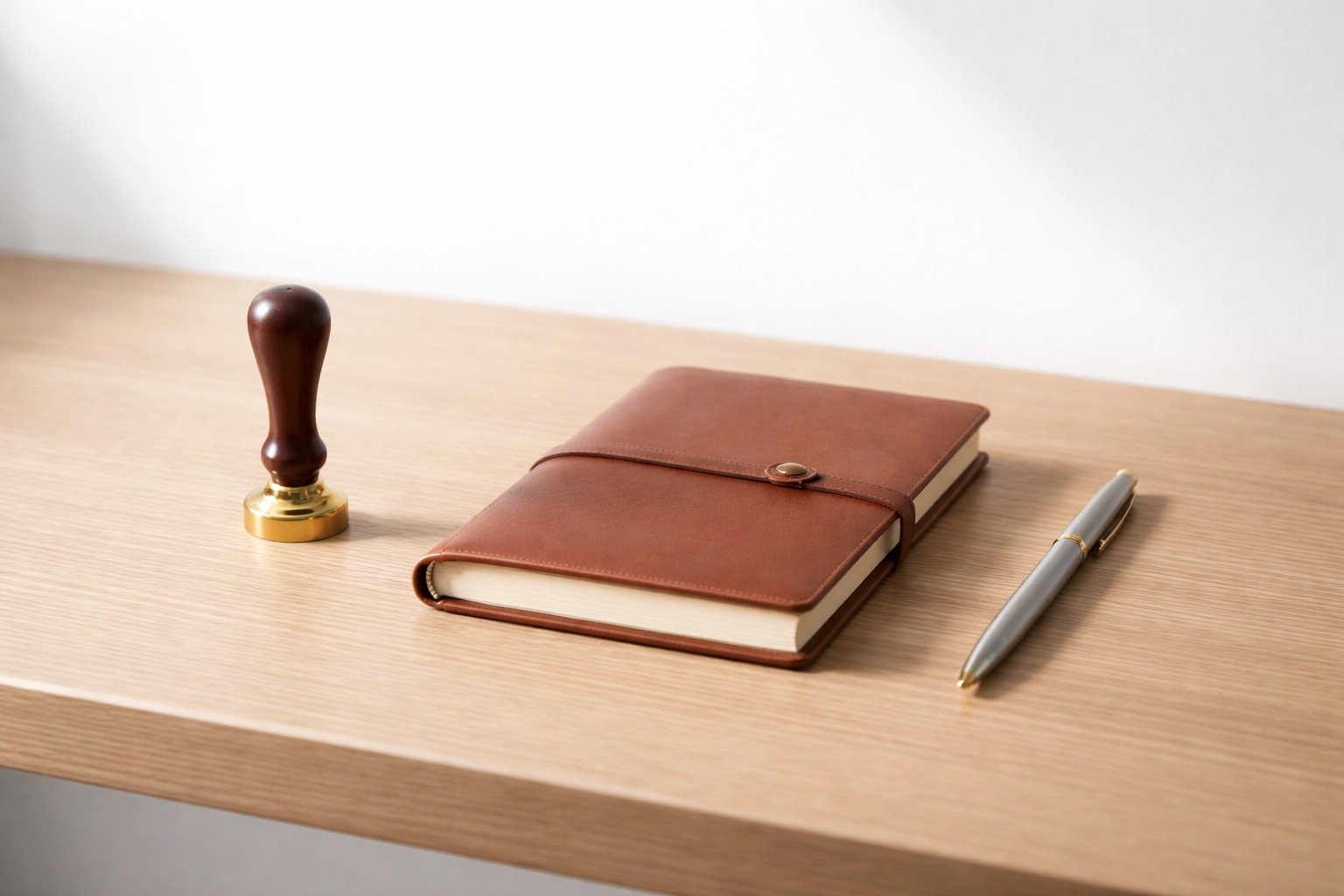 A notary stamp, journal, and pen arranged neatly on a minimalist desk, symbolizing notary public responsibilities.