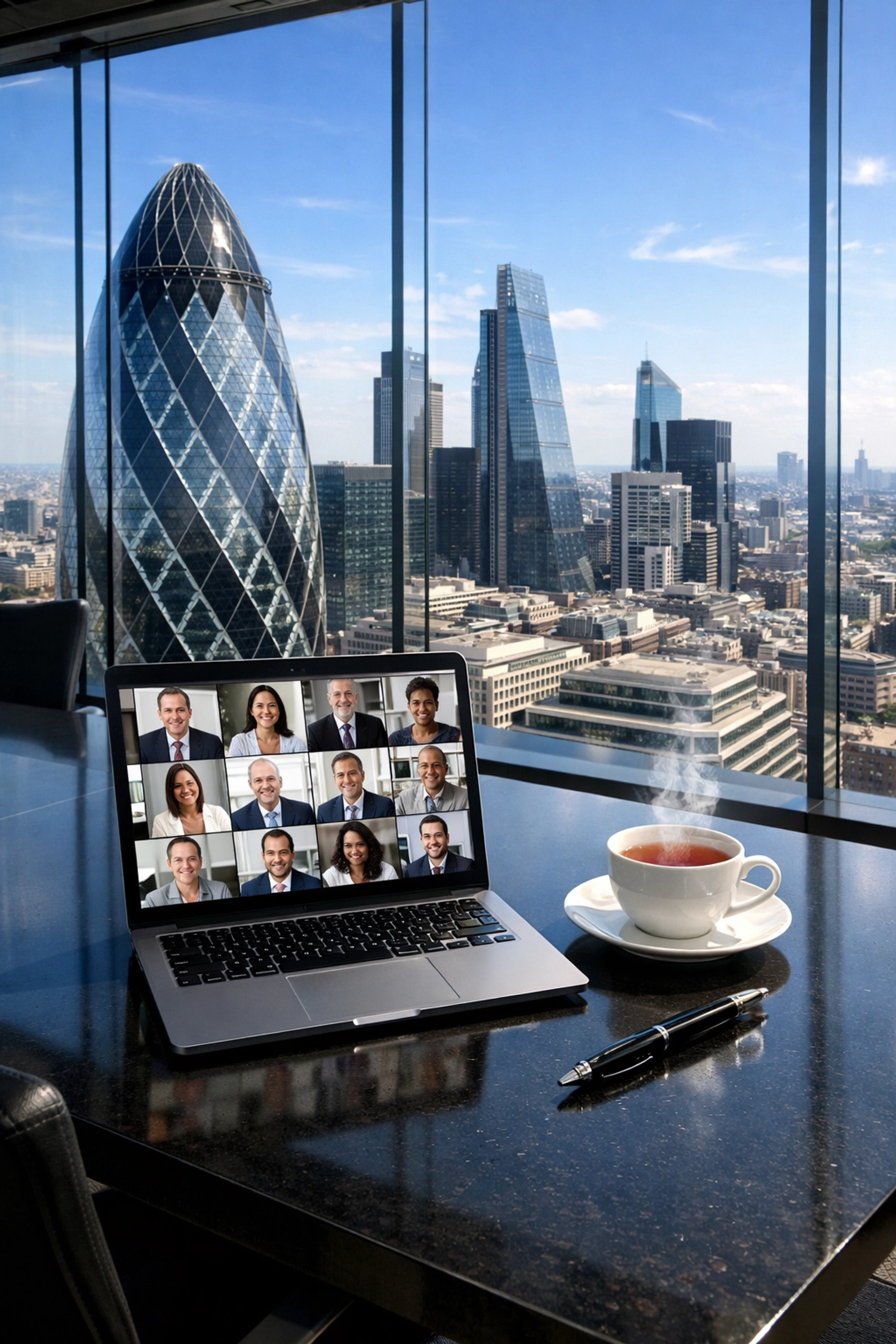 Coordinating global business meetings from a professional London office overlooking the City.