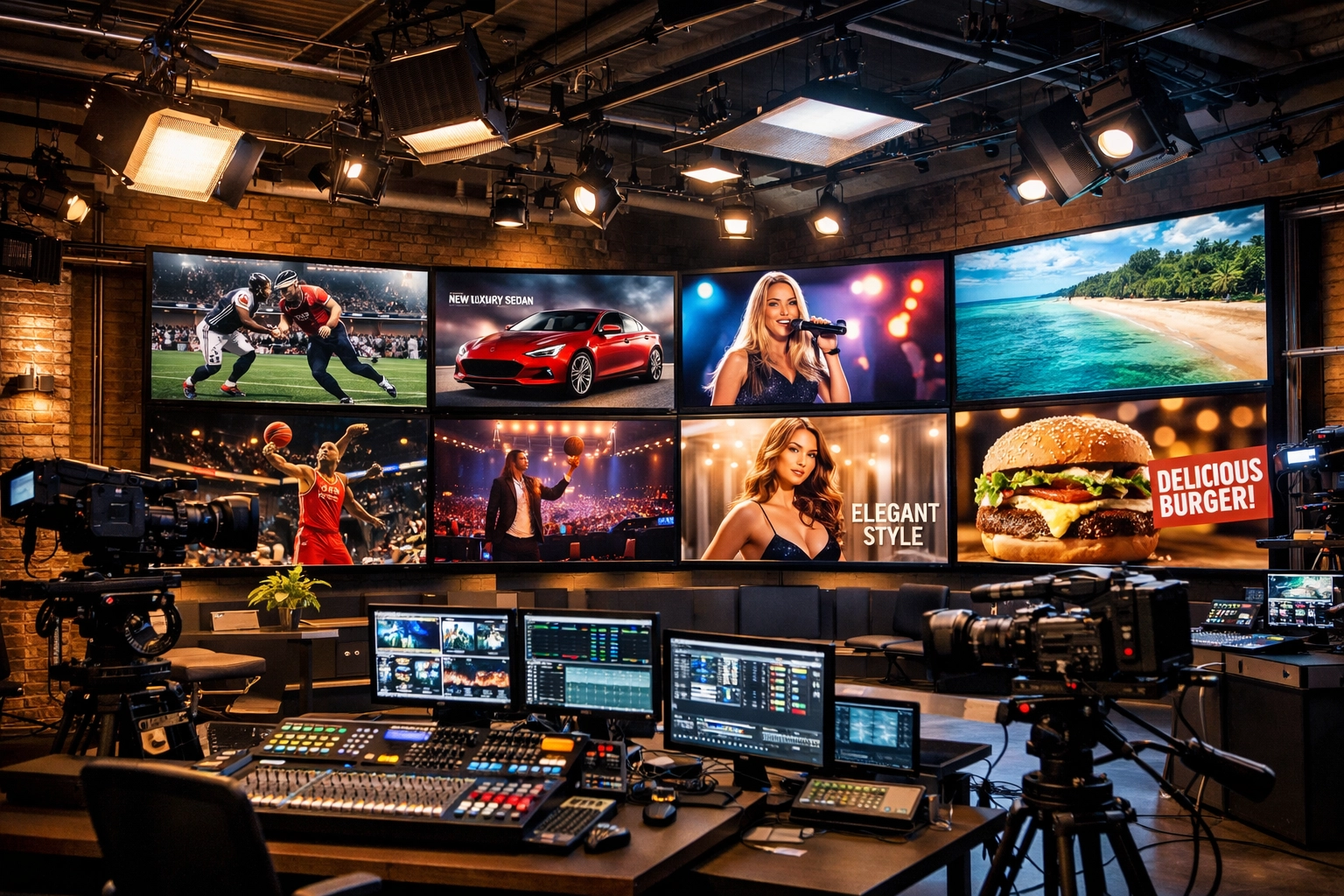 Professional media production studio showcasing sports, entertainment, and advertising content integration