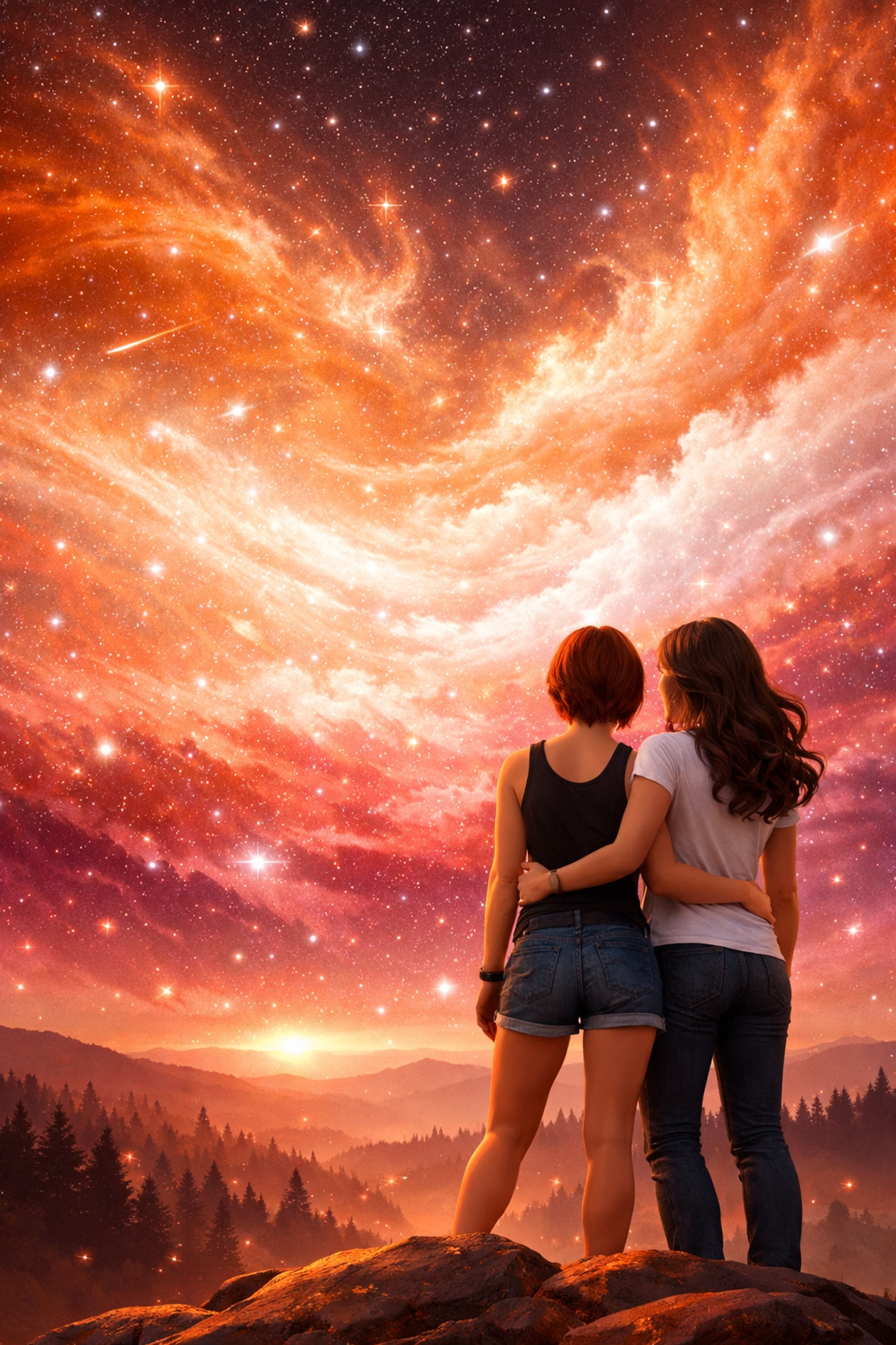 Two lesbian women looking at a vibrant pride-colored nebula sky, representing the journey of queer spirituality and love.