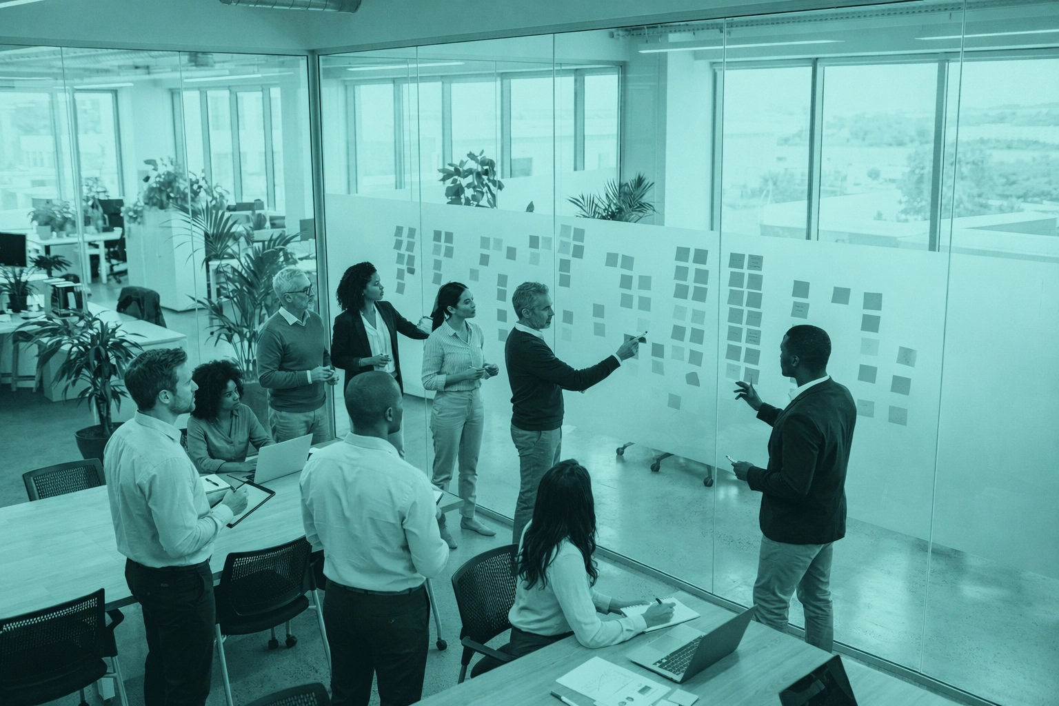 Diverse business leaders collaborating in a workshop on organizational readiness for SAP transformation