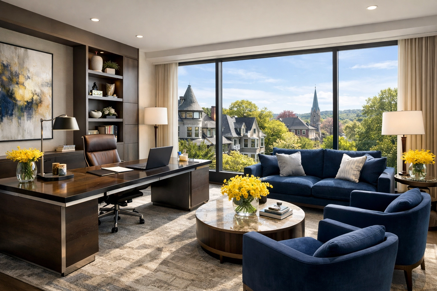 Spotless executive office suite in Massachusetts illustrating the results of top-tier janitorial services.